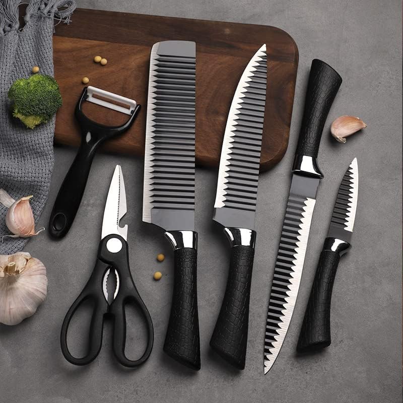 EVERIERH 6 Pieces Black Knife Set, Stainless Steel and Non-Stick Blades, Including Peeler and Scissor, Kitchen Cutlery Knives Set, Cooking Utensil Sets, Daily Use with Gift Box