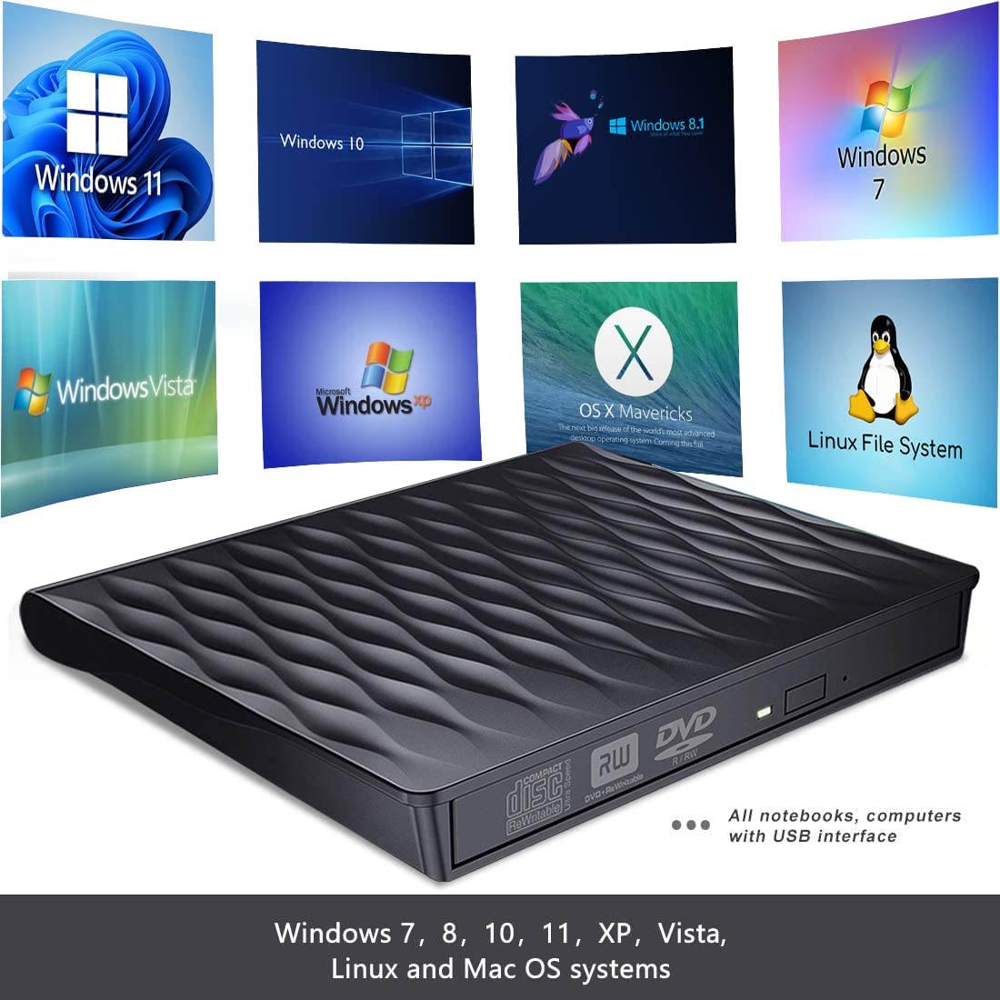 DANGZW External DVD Drive, Slim Portable External CD Reader Burner Writer USB 3.0 Type-C, RW CD-ROM Optical Driver for Laptop, PC, iMac, Macbook Air/Pro and Linux, Mac OS, Windows (Black)