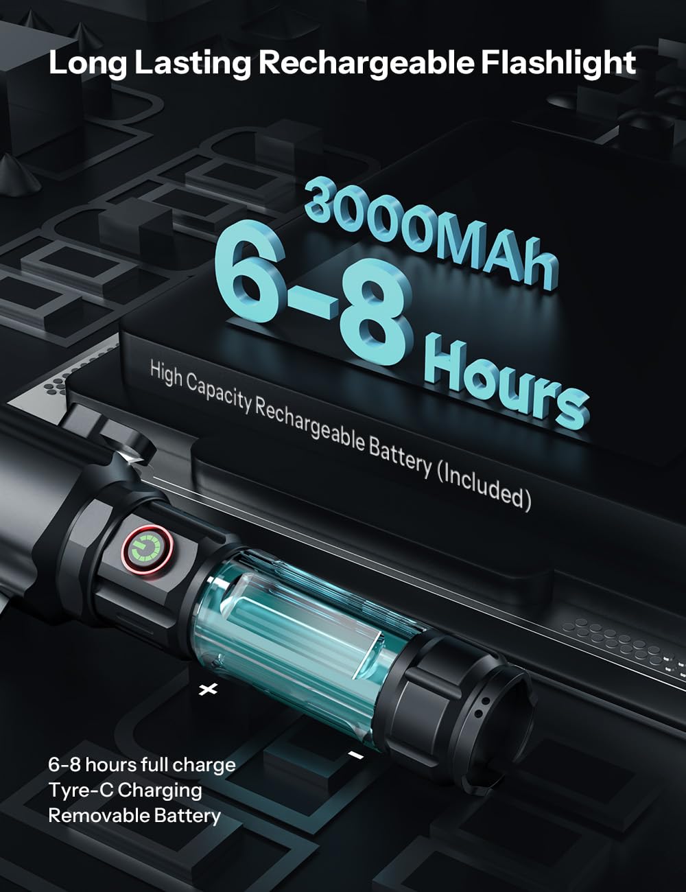 Rechargeable Torch Light High Power, 10000 Lumens Flashlight with 5 Light Modes, Side Light, Adjustable Focus Torch Lights Rechargeable, Window Breaker and Cutter, IP45, Aluminum Alloy, Black