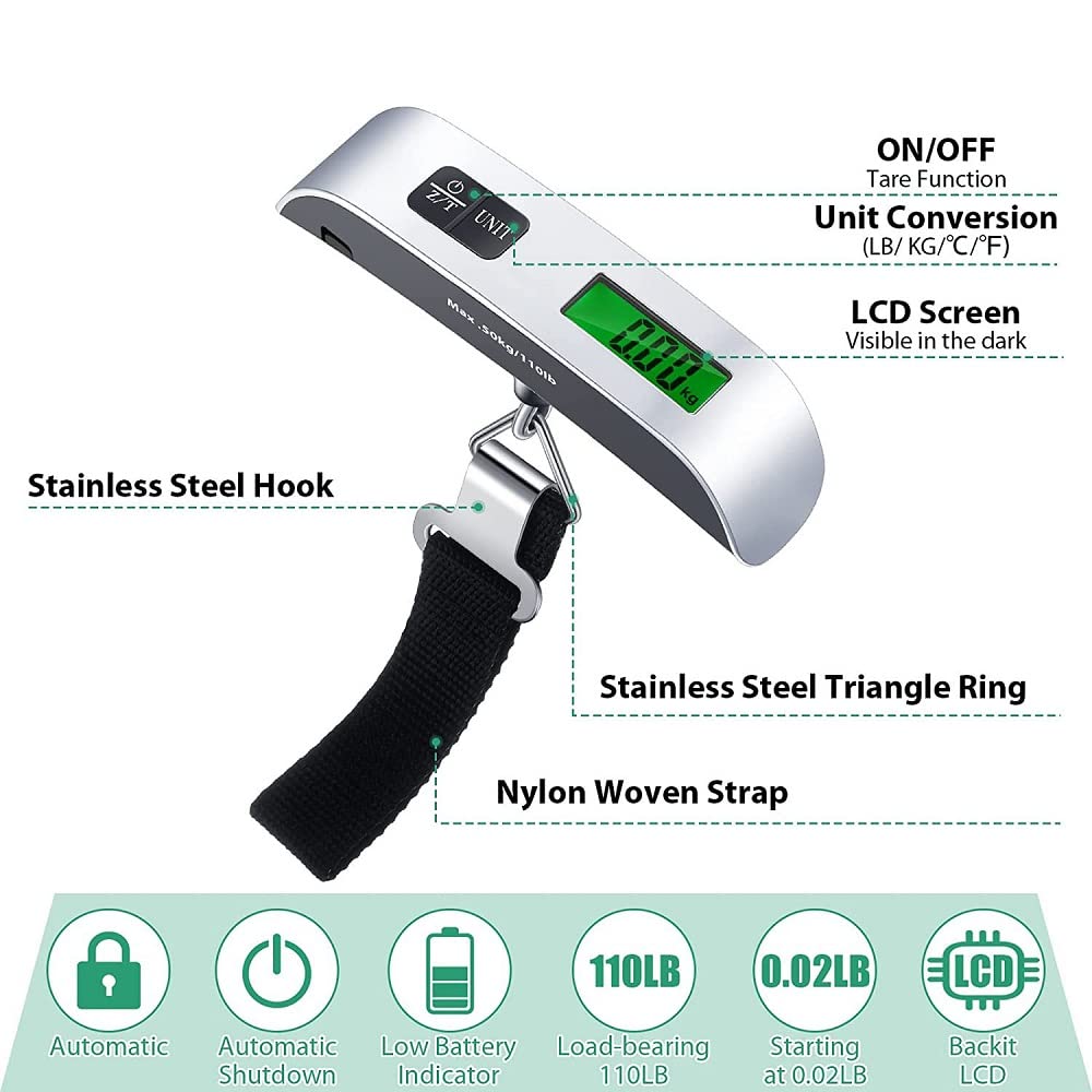 Pjp Electronics Travel Luggage Scale, Digital Luggage Weighing Scales for Suitcase with Temperature Reading 50 Kg Capacity (Silver)