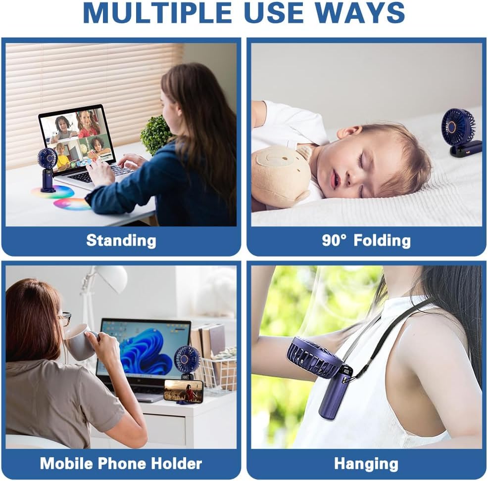 Portable Handheld Fan, USB Rechargeable Personal Fan, 1200mAh, 90° Foldable Mini Desk Fan with Led Digital Display, 5 Speeds Multi-Function Fan for Outdoor Indoor