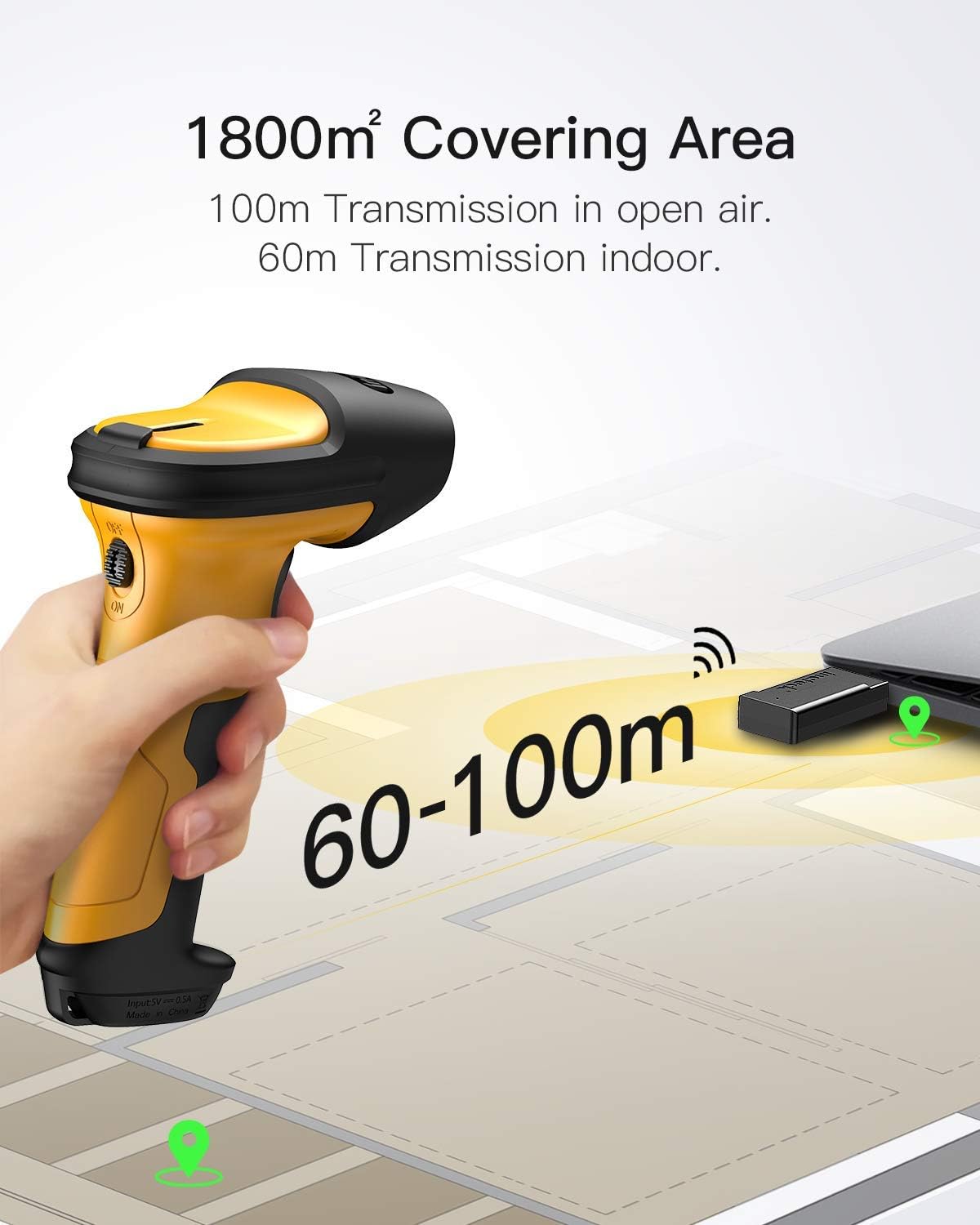 Inateck Barcode Scanner Wireless, 2.4GHz, 2600mAh Battery, 60M Range, Automatic Scanning, P6
