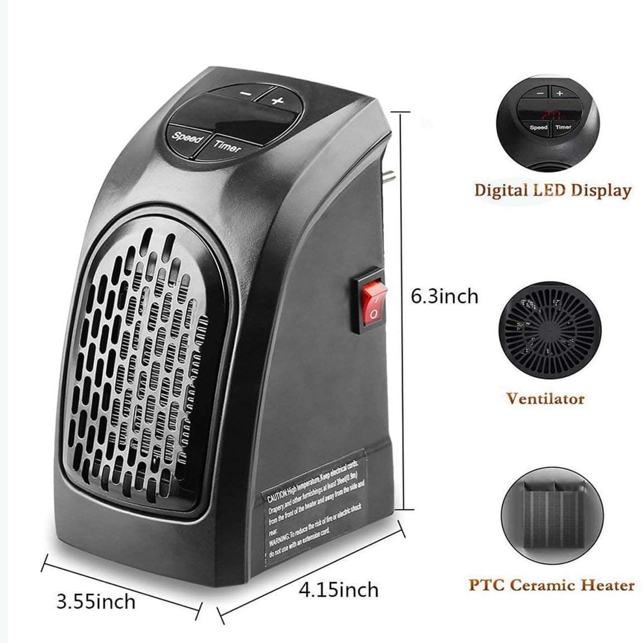 Handy Electric Heater, 400 Watts Heater, Plug-In Heatter, Mini, Portable Room, Office, Bedroom Warmer with LED Display, Set Temperature, and Stylish Design With Remote (Black)