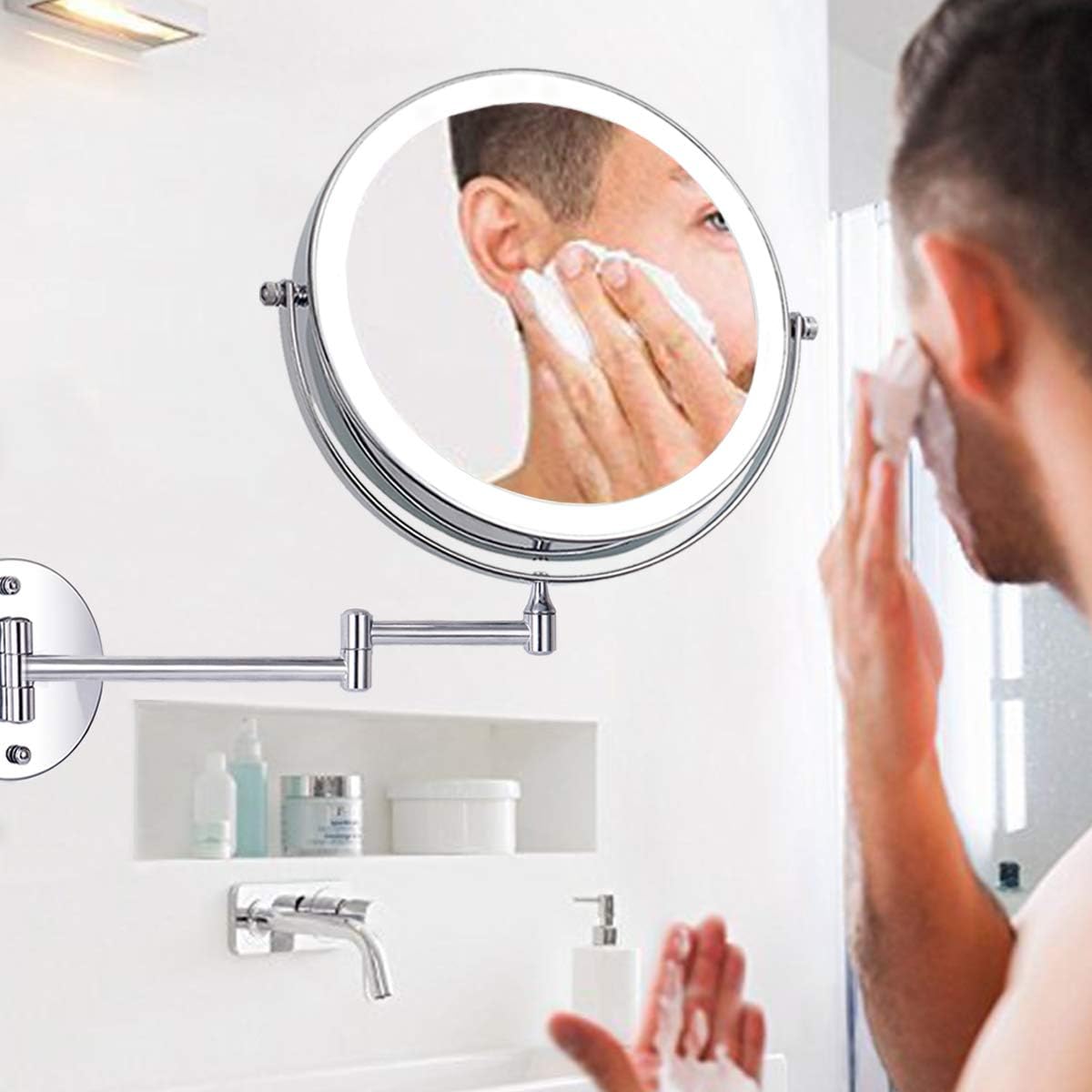 Amelar 8 Inch Wall Mounted Makeup Mirror USB Rechargeable LED 3 Color Lights Two Sided 1X/10X Magnifying Mirror Touch Switch Intelligent Shutdown 360° Swivel Vanity Mirror for Bathroom Hotel(Silver)