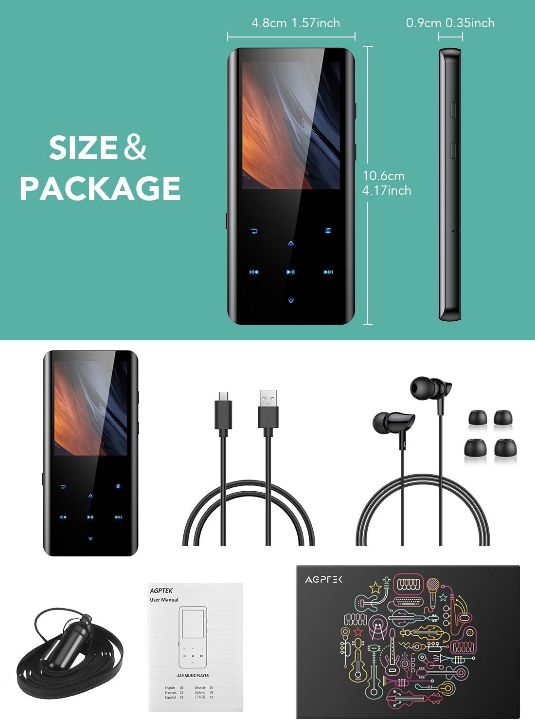 MP3 Player with Bluetooth 5.3, AGPTEK A19X 2.4" Curved Screen Portable Music Player with Speaker Lossless Sound with FM Radio, Voice Recorder, Built in 32GB, Supports up to 128GB
