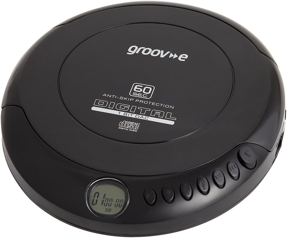 Groov-e RETRO Compact CD Player - Personal Music Player with CD-R & CD-RW Playback - Anti-Skip Protection, Programmable Tracks - Earphones Included - Micro-USB or Battery Powered - Black