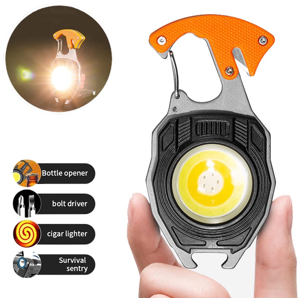 Keychain LED Flashlights, Rechargeable Flashlight Torch 7 Light Modes with Cigarette Lighter,Whistles,Screwdriver,Bottle Opener,Magnet Base Multifunction Emergency Use COB Light for Camping Outoor