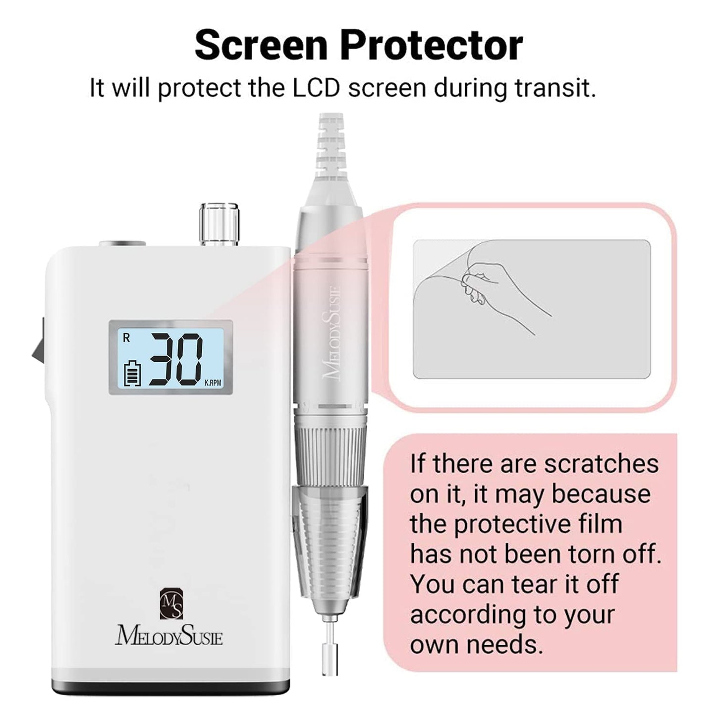 Professional Rechargeable Nail Drill 30000 rpm ,SC320H MelodySusie Portable Electric E File Scamander, Acrylic Gel Grinder Tools with 6 Bits and Sanding Bands for Manicure Pedicure Carve Polish (White)