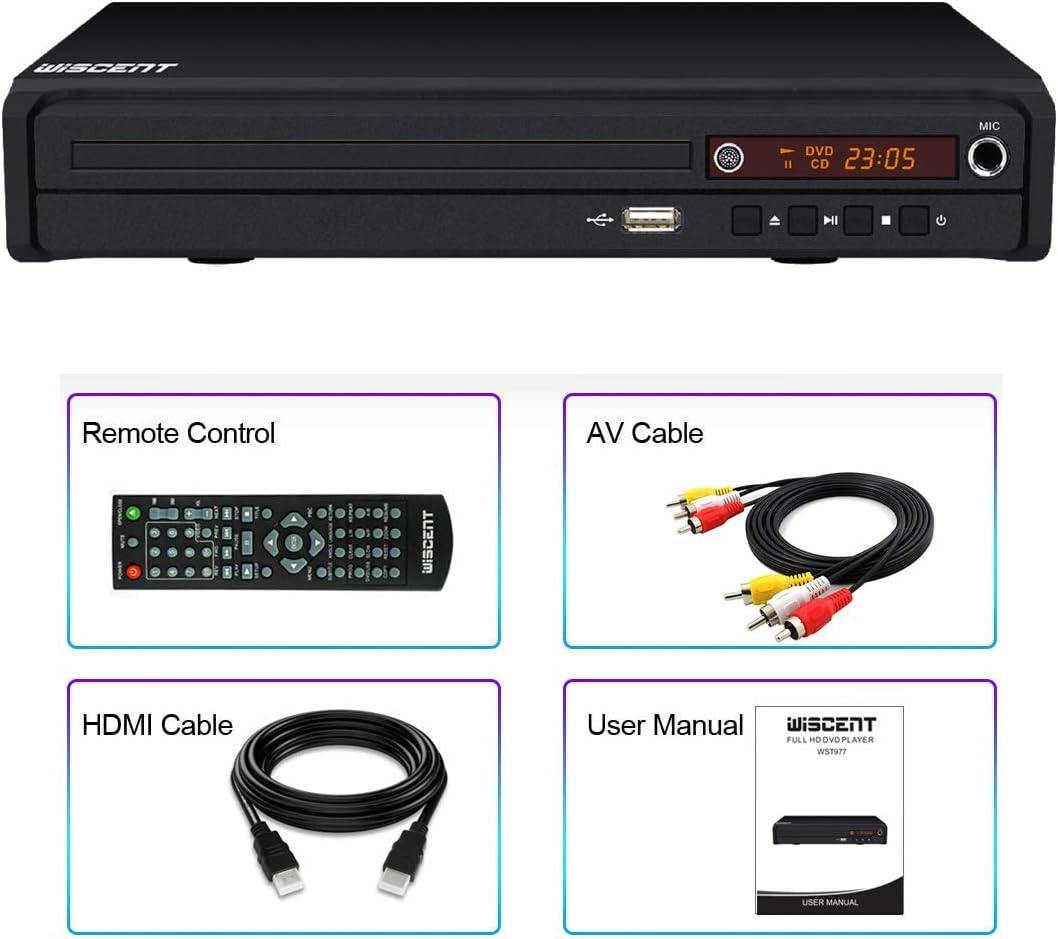 WISCENT DVD Player for Smart TV Support 1080P Full HD with HDMI Output,CD/MP3/USB Player for Home, All Region-Free, Remote Control/AV/HDMI Cable Included(non blueray)
