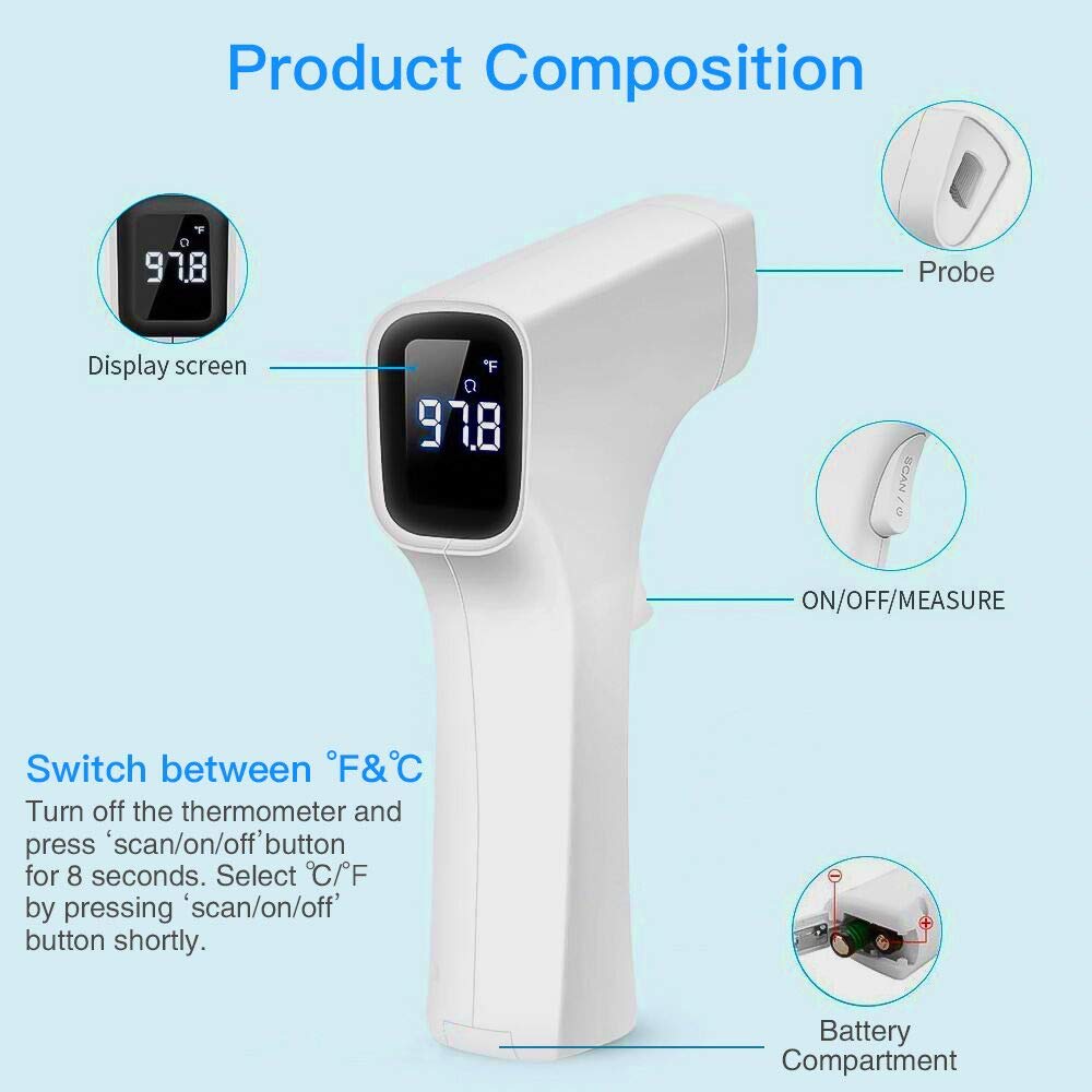 Professional Medical Thermometer Remote Digital Thermometer 15-50MM Infrared Forehead Thermometer with Smart Fever Indicator Memory 32 Readings for Adults Newborns Kids