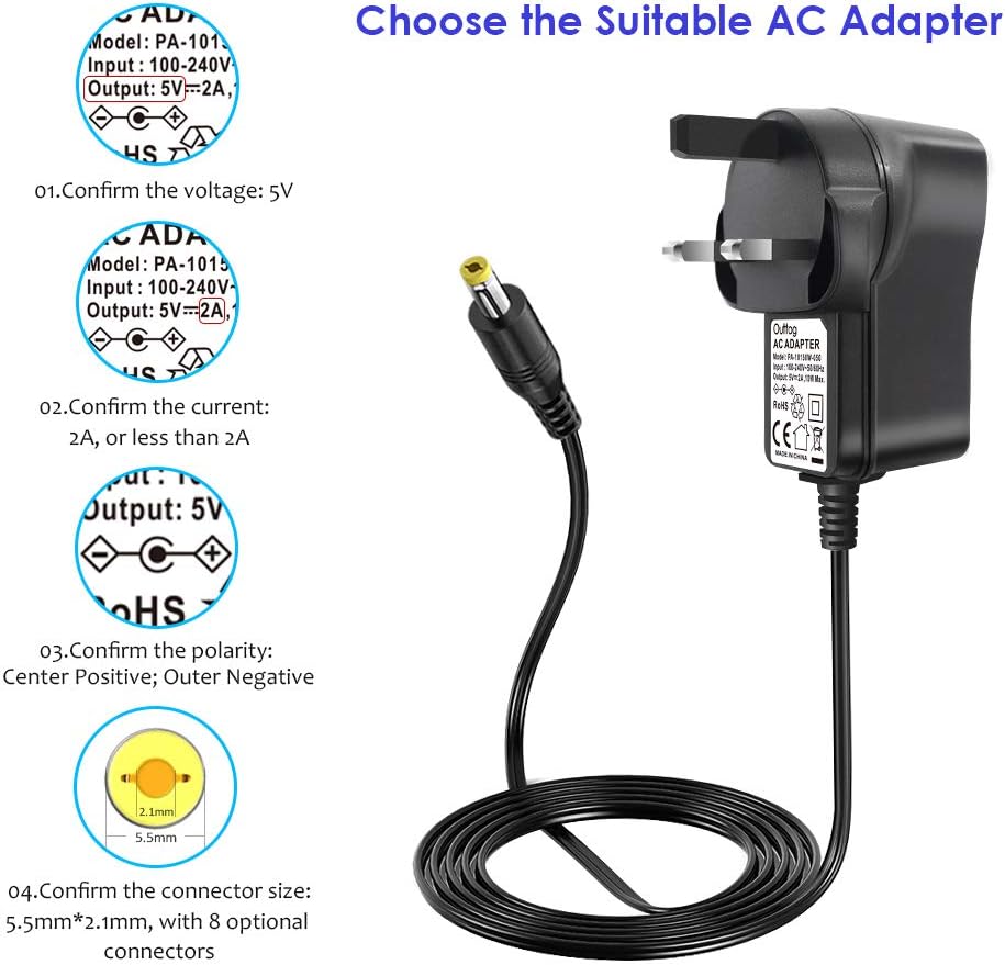 Universal AC to DC Adapter Charger 5V 2A Power Supply Adapter with 8 DC Connector Multi Plug Adaptor for Household Electronic Devices Led Strip Light Box Router LCD CCTV Cameras Android TV Box Speaker