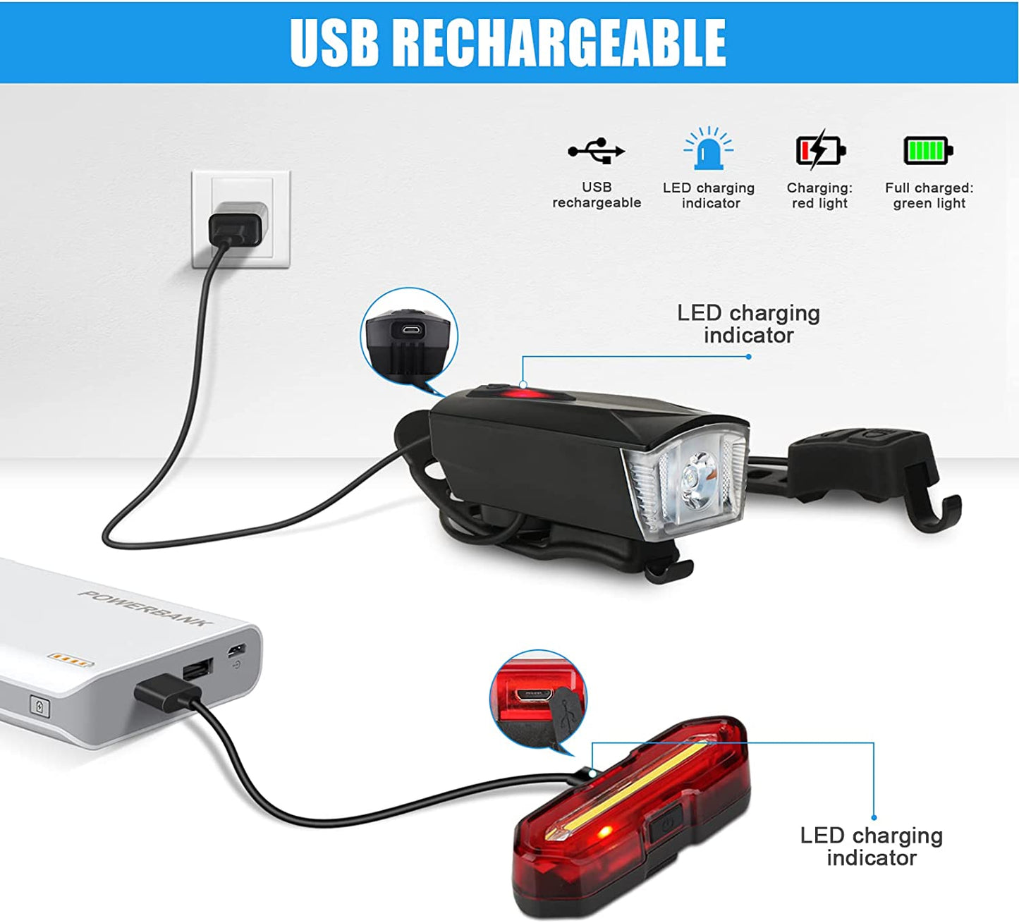 مجموعة مصابيح دراجة LED، مصابيح دراجة قابلة لإعادة الشحن عبر USB، 6 أوضاع إضاءة دراجة، مصابيح دراجة مقاومة للماء، مصابيح ركوب الدراجات الأمامية والخلفية، مصباح دراجة جبلية، مصباح دراجة طريق، ملحقات دراجة إلكترونية مع جرس إنذار