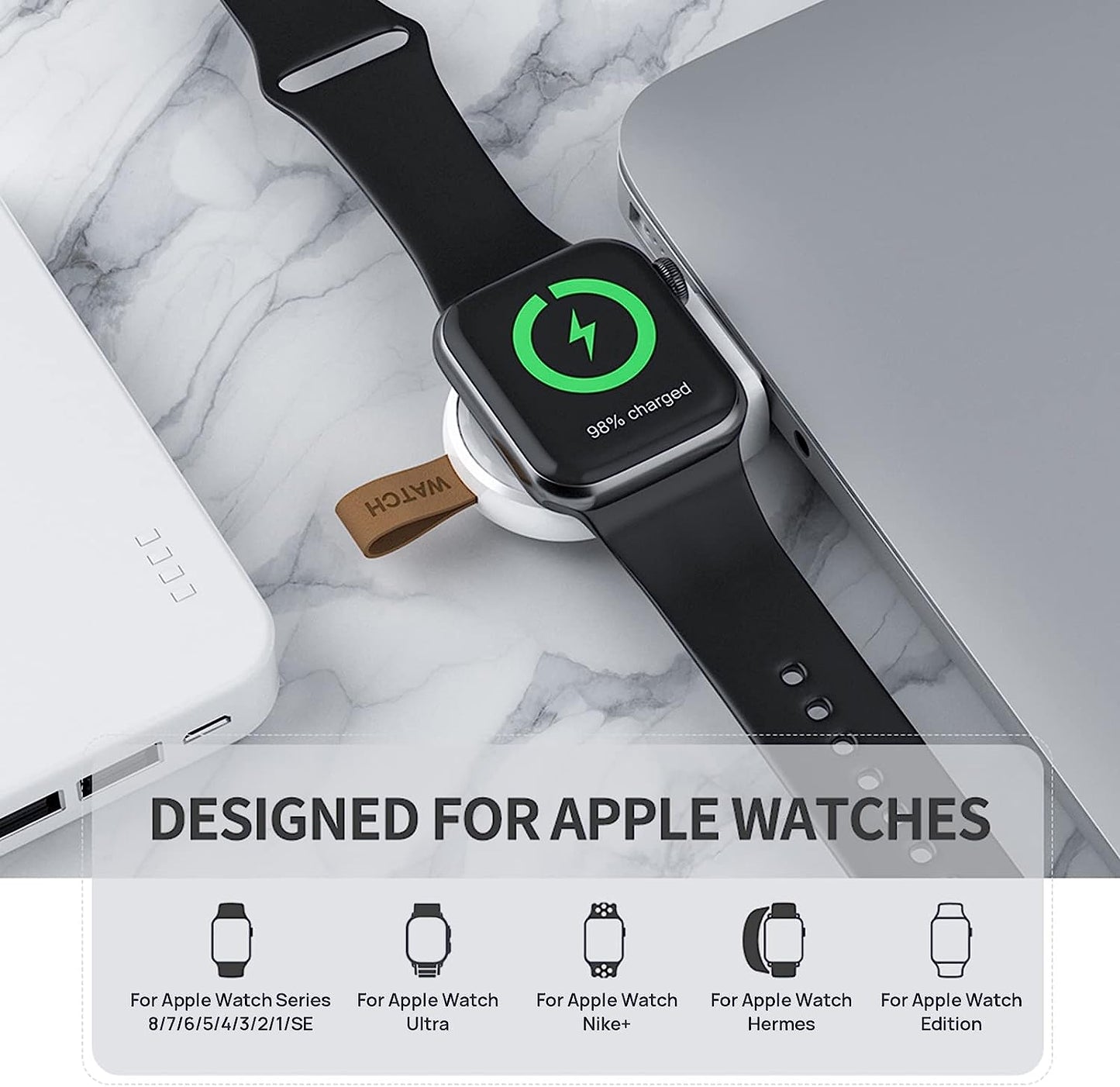 شاحن NEWDERY لساعة Apple Watch المحمولة بمنفذ USB لاسلكي، شاحن سفر لاسلكي مع شحن سريع مغناطيسي خفيف الوزن لساعة Apple Watch Ultra Series 8 7 SE 6 5 4 3 2 1، أبيض