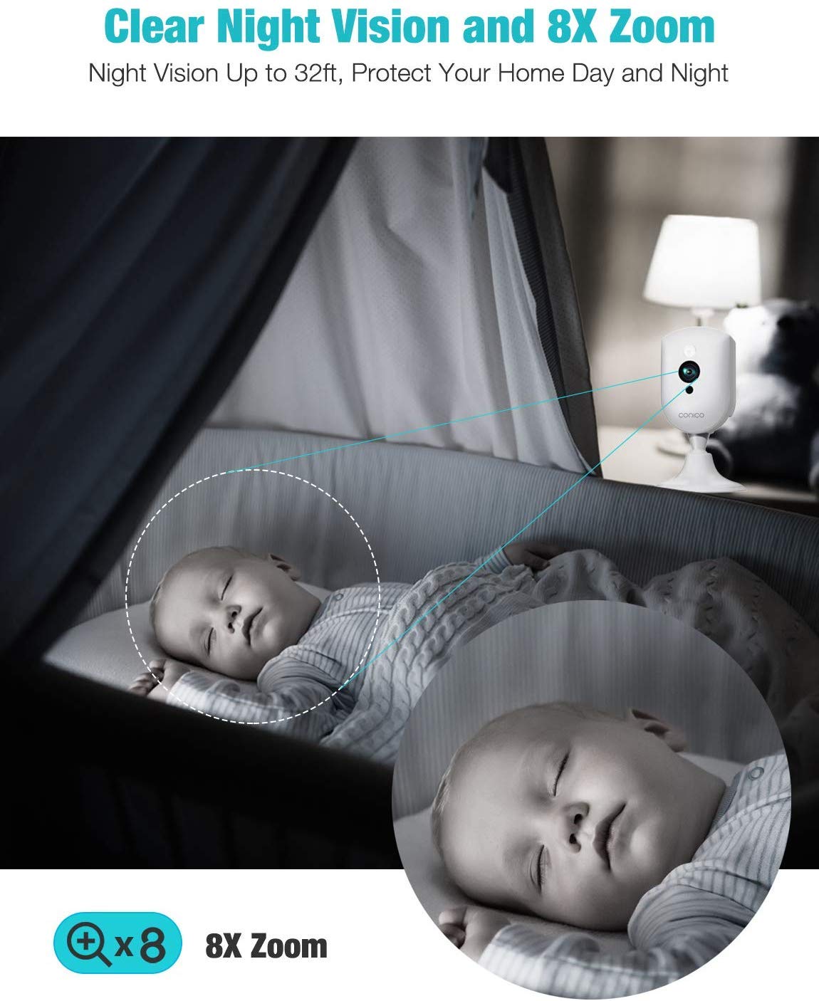 Baby Monitor, Conico 1080P Home Security Indoor Camera with Sound Motion Detection IR Night Vision, Pet Camera with 2- Way Audio 8X Zoom, WiFi Camera Cloud Service Compatible with Alexa