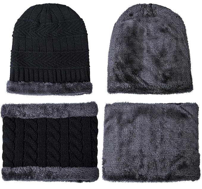 Winter Cap Set Caps with Fur Lining, Beanie Cap & Muffler for Men & Women| Beanie Cap| Woolen Topaa| Winter Cap| Head & Neck Warmer| Black Color| 1 Set|