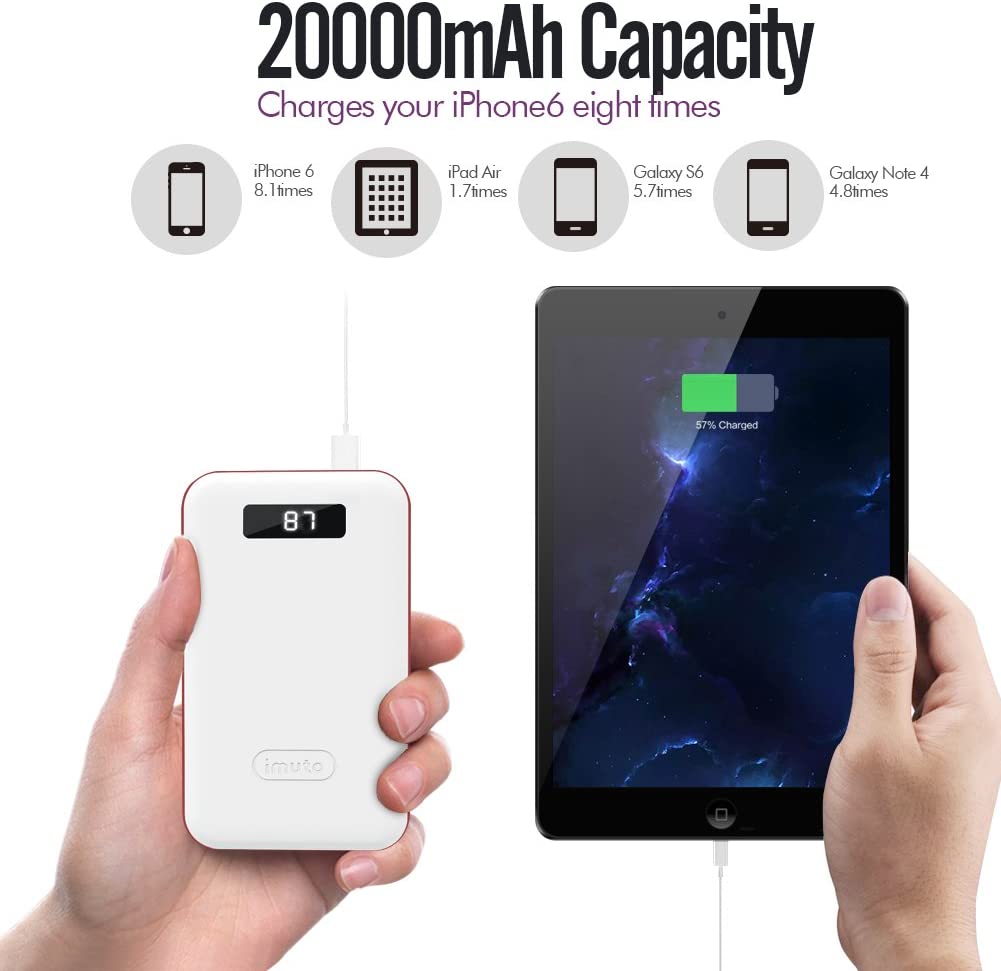 imuto 20000mAh Portable Charger Compact Power Bank External Battery Pack LED Digital Display Smart Charge, Li-Polymer Battery Banks iPhone, iPad, Samsung Galaxy/Note, Tablet and More (White)
