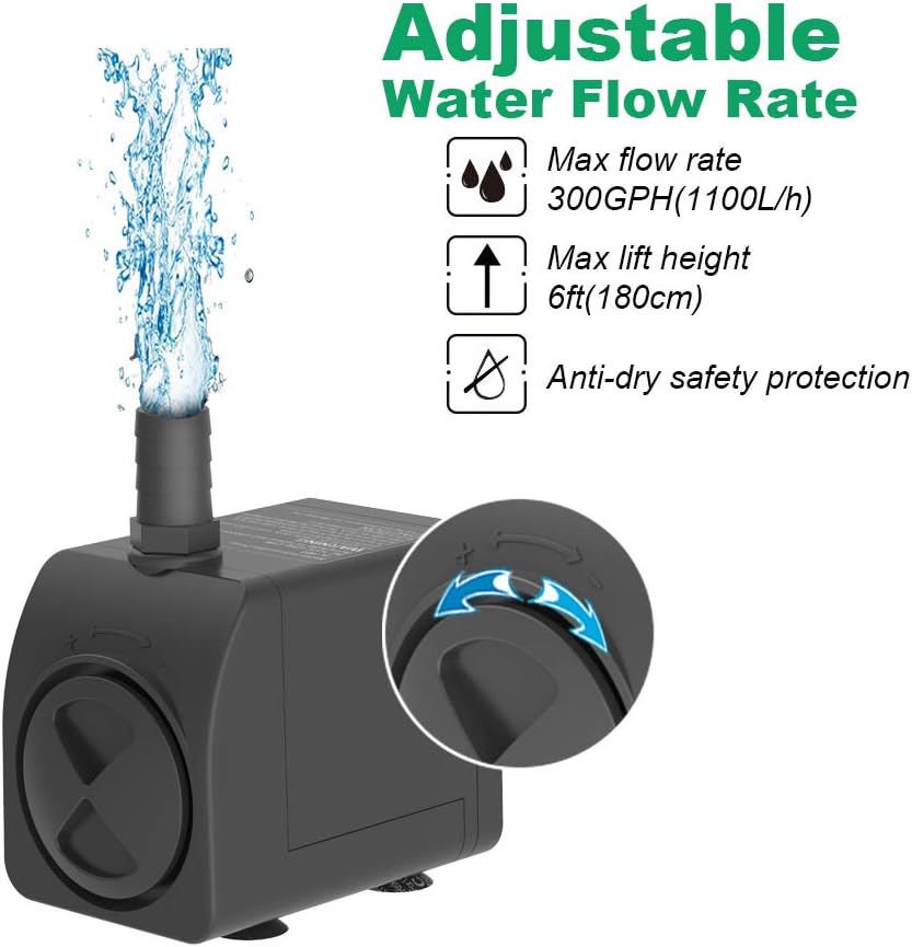 Knifel Submersible Pump 300GPH Ultra Quiet with Dry Burning Protection 6ft High Lift for Fountains, Hydroponics, Ponds, Aquariums & More…………