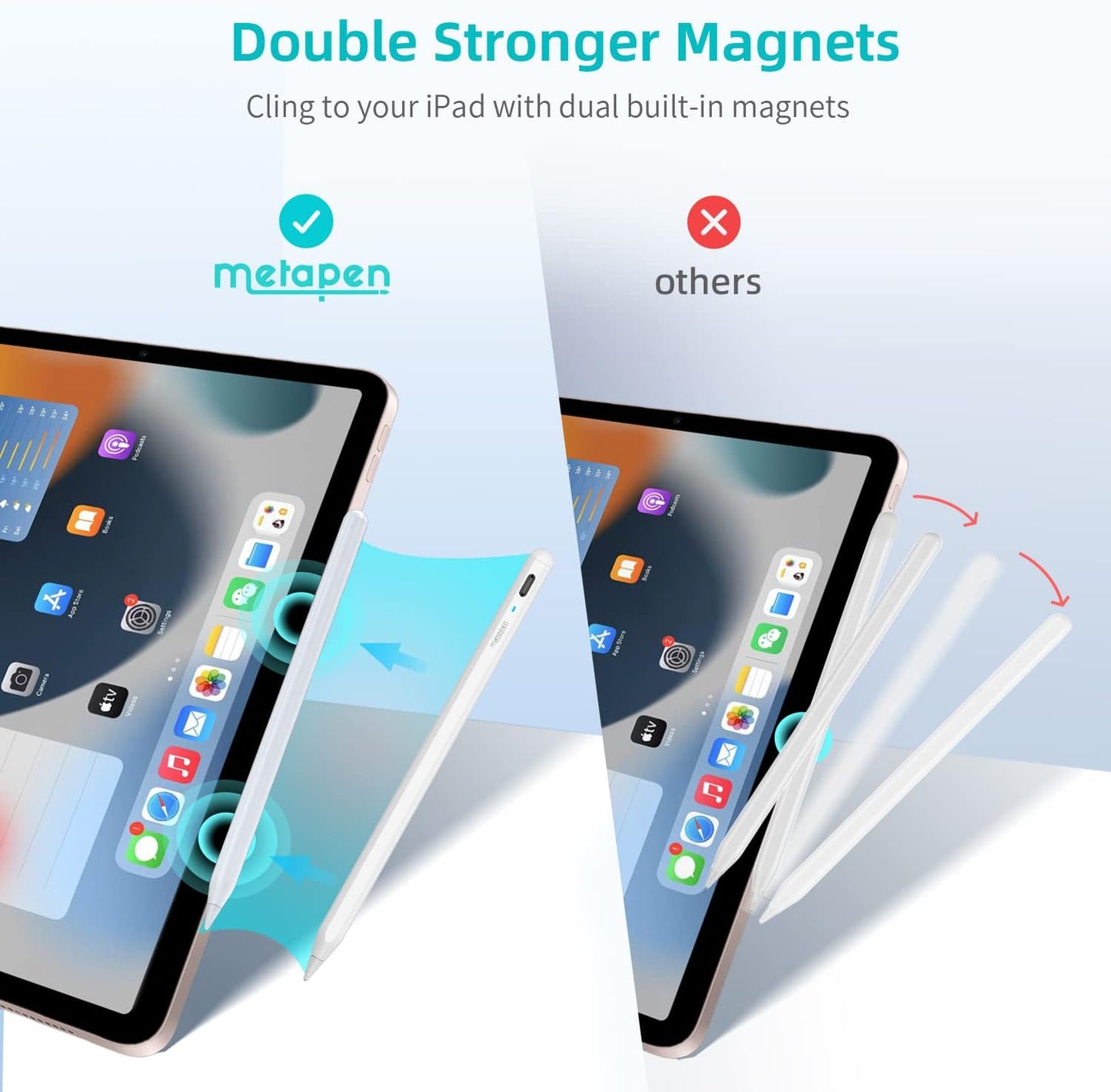 Metapen iPad Pencil A8 for Apple iPad 10th/9th, Backup for Apple Pen Pencil 2nd 1st Generation, Stylus Pen for iPad Air 5/4/3, iPad Pro 12.9" /11" 丨2X Faster Charge & 2 Spare Tips, Palm Rejection