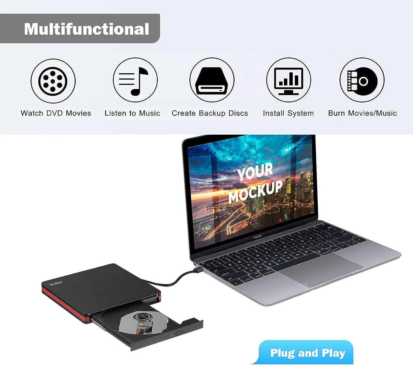 Rioddas External CD Drive, USB 3.0 Portable CD/DVD +/-RW Drive Slim DVD/CD ROM Rewriter Burner for Laptop Desktop PC Windows and Linux OS Apple Mac Macbook Pro