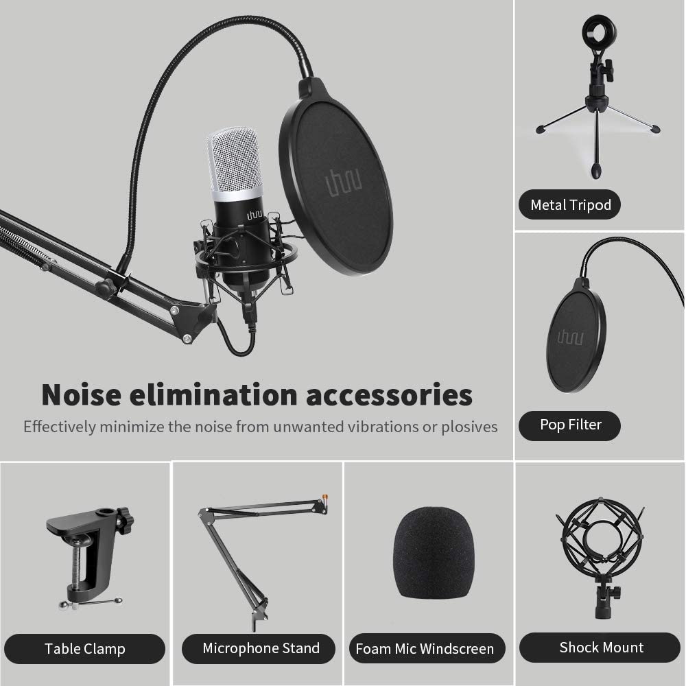 USB Microphone,UHURU Cardioid Condenser PC Microphone,Pop Filter,Shock Mount,Mic Stand for Gaming, Streaming, Podcast, YouTube, Twitch,Skype, Compatible with PC, Laptop, PS4 UM-980