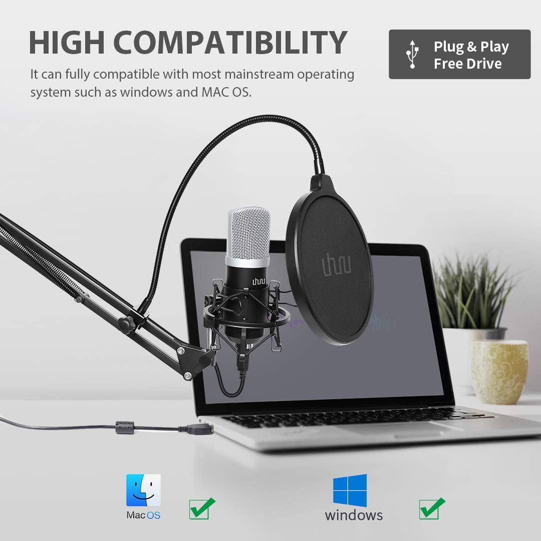 USB Microphone,UHURU Cardioid Condenser PC Microphone,Pop Filter,Shock Mount,Mic Stand for Gaming, Streaming, Podcast, YouTube, Twitch,Skype, Compatible with PC, Laptop, PS4 UM-980