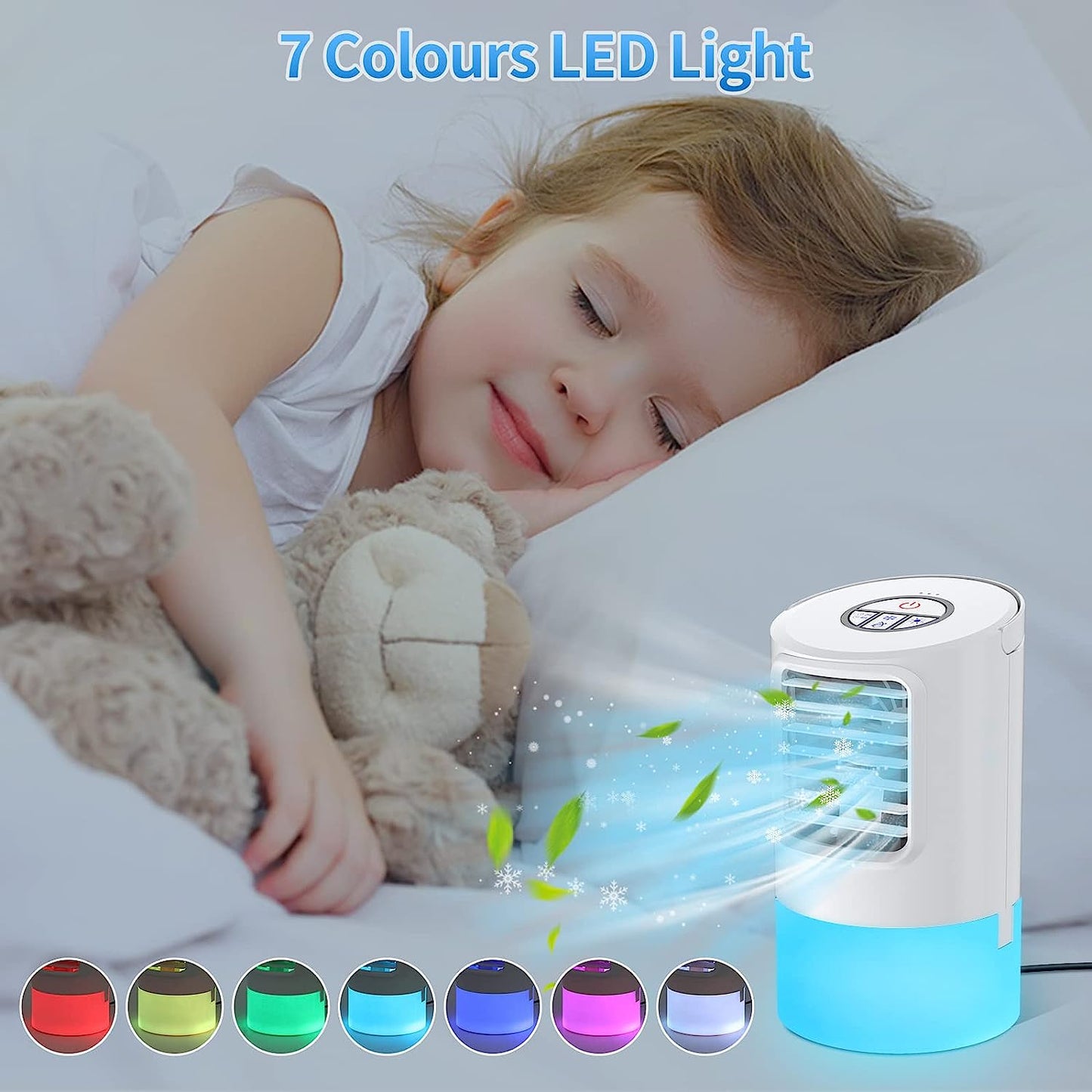 Mobile Air Conditioner, Mini Personal Air Conditioner, 4 in 1 Air Cooler, Fan, Evaporative Cooler, Humidifier, Air Cooler, Portable 3 Wind Speeds and 7 LED Colours (White)