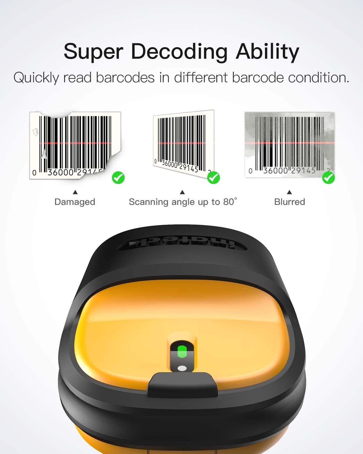 Inateck Barcode Scanner Wireless, 2.4GHz, 2600mAh Battery, 60M Range, Automatic Scanning, P6