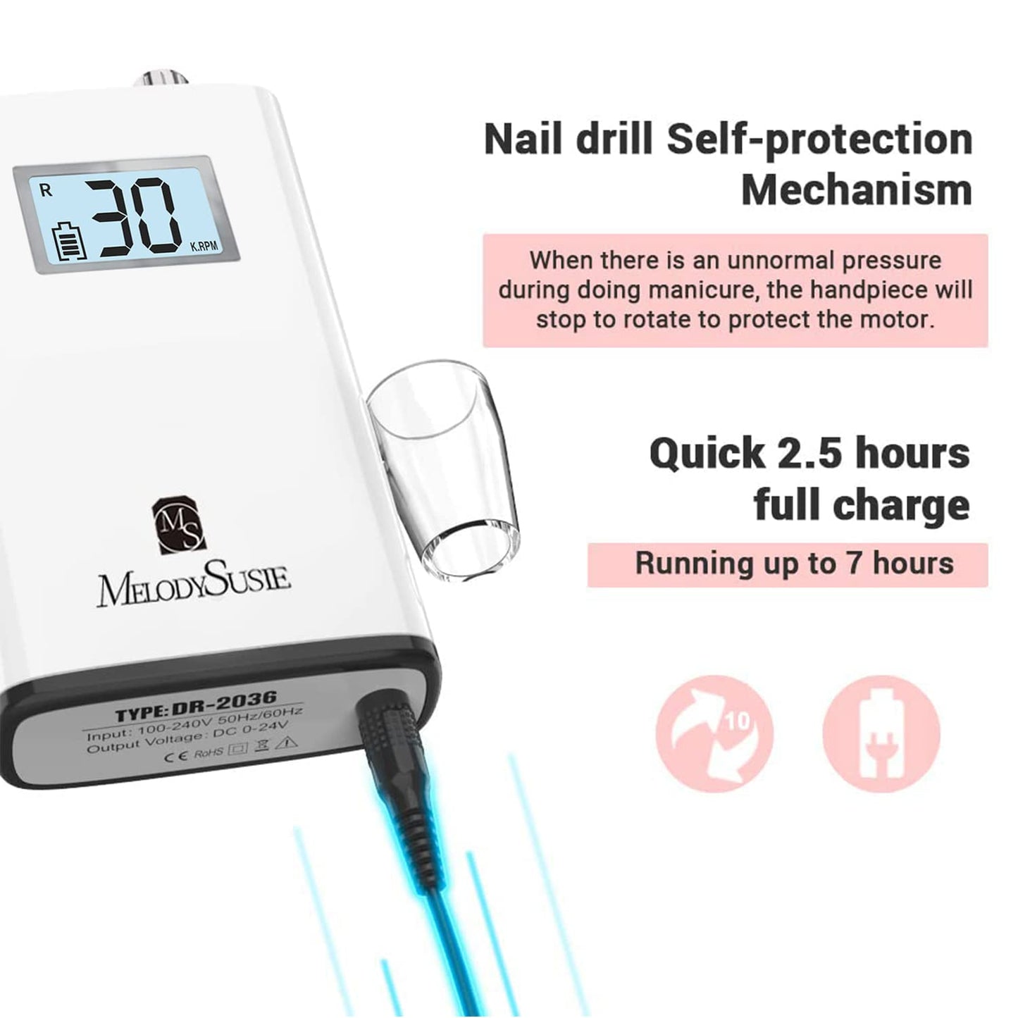 Professional Rechargeable Nail Drill 30000 rpm ,SC320H MelodySusie Portable Electric E File Scamander, Acrylic Gel Grinder Tools with 6 Bits and Sanding Bands for Manicure Pedicure Carve Polish (White)