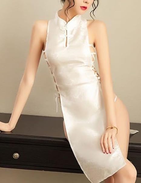 Sexy Cheongsam Dress for Women Sleeveless Embroidery Chinese Lingerie Babydoll Nightdress with Lace Up High Split Anime Cosplay Costume Mini Roleplay Outfit Qipao Nightwear