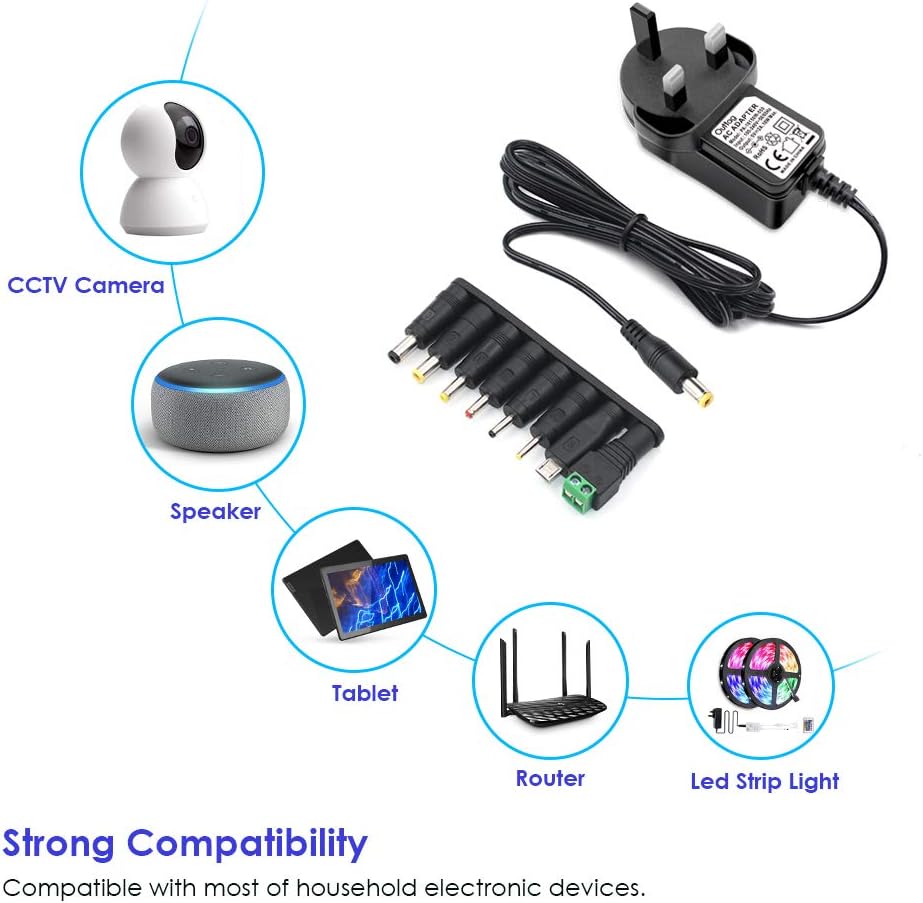 Universal AC to DC Adapter Charger 5V 2A Power Supply Adapter with 8 DC Connector Multi Plug Adaptor for Household Electronic Devices Led Strip Light Box Router LCD CCTV Cameras Android TV Box Speaker