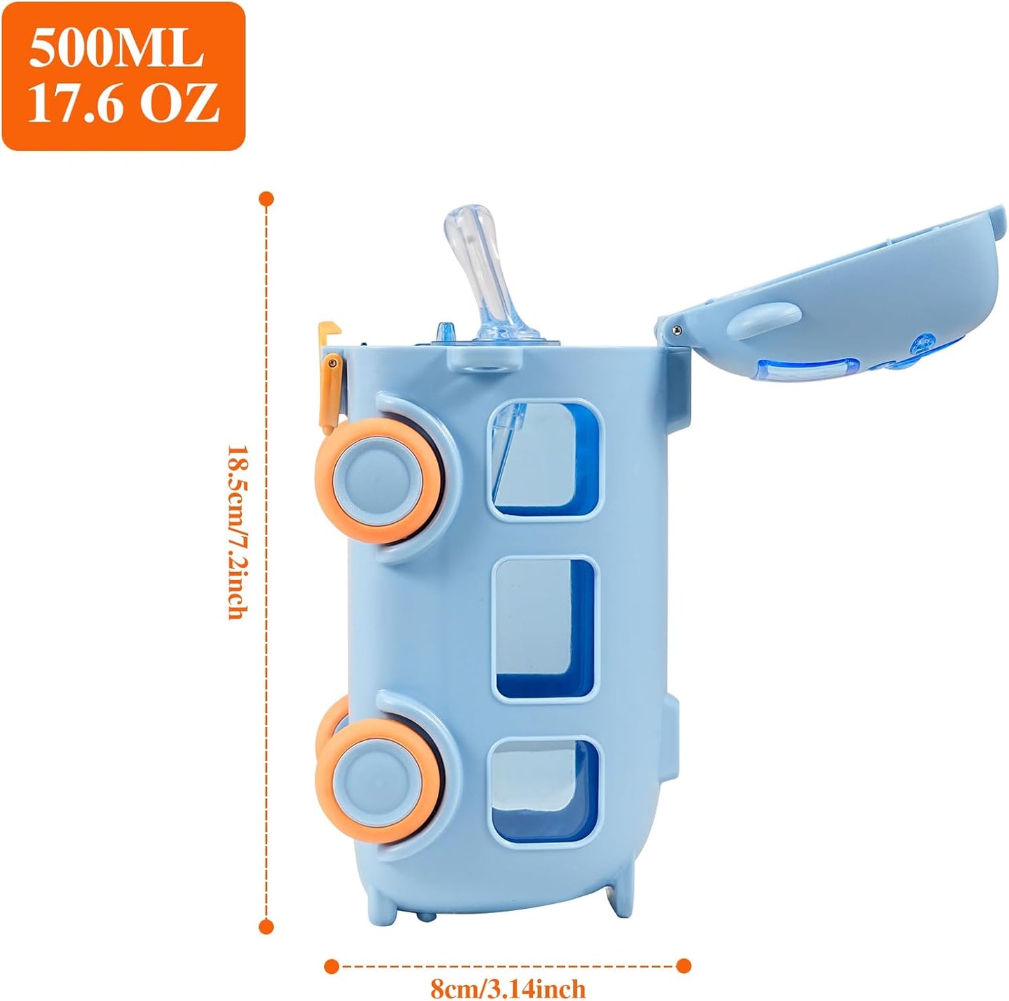 Bus Water Bottle For Kids Cute Portable Water Cup in Bus Shape 500ml Leakproof Toy Bus Water Bottle with Straw Adjustable Shoulder Strap for Girls Boys School Home Outdoor Drinking Bottle(blue)