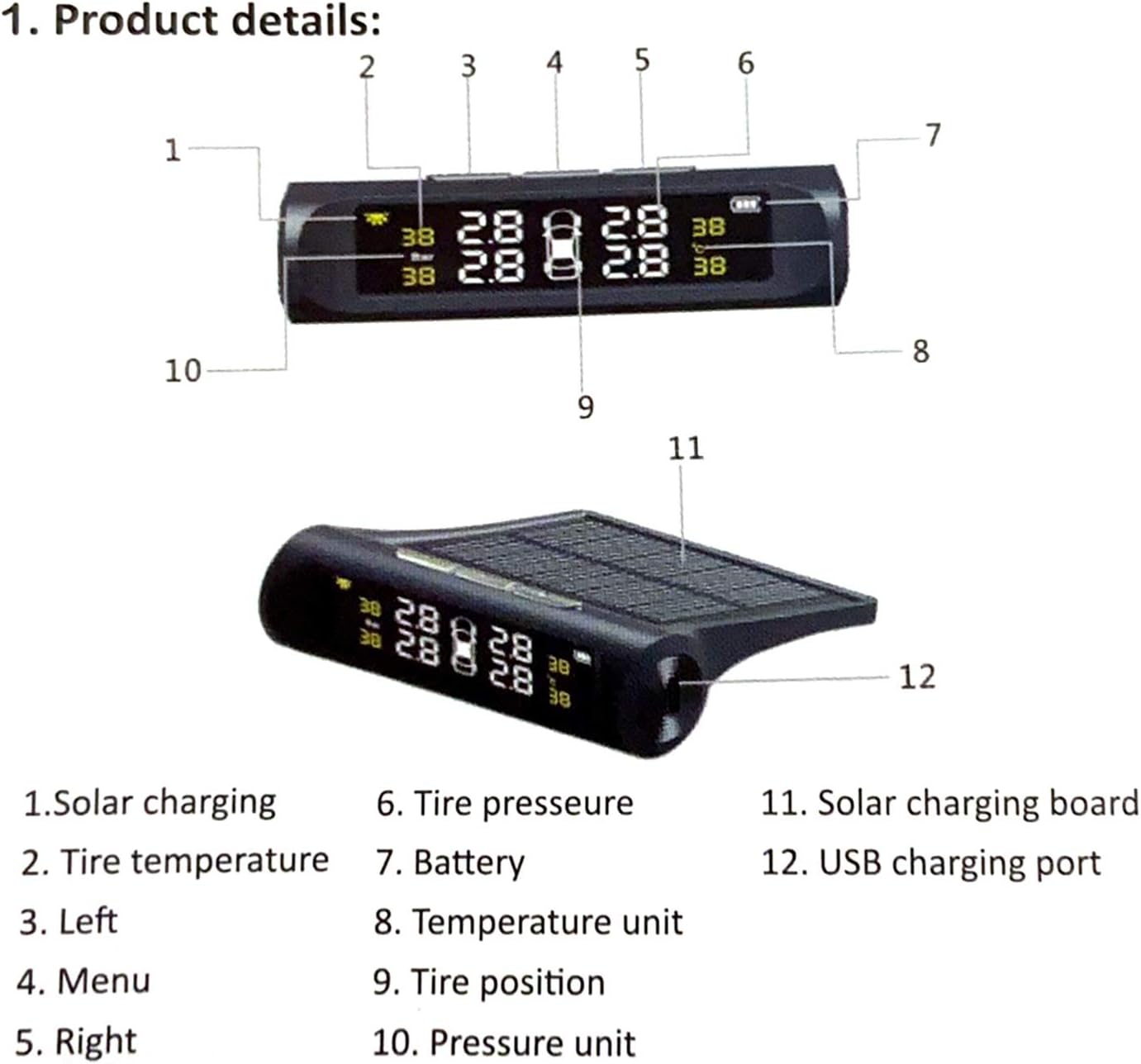 RuleaxAsi 1# Solar TPMS Wireless Car Tire Pressure Monitoring System with 4 External Sensors