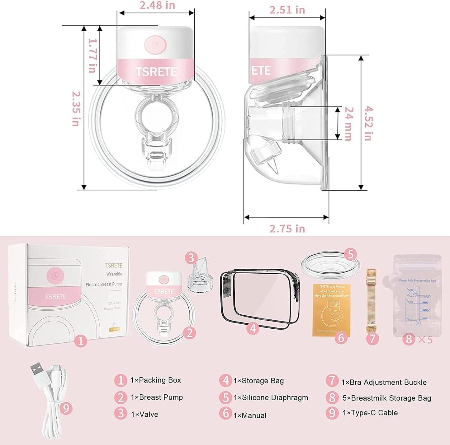 Breast Pump,Breast Pumps Electric,Wearable Breast Pump,Portable Breast Pump Hands Free Electric with 2 Modes,9 Levels,LCD Display,Memory Function Rechargeable Single Milk Extractor-24mm Flange