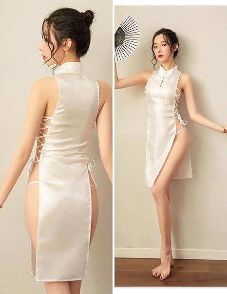 Sexy Cheongsam Dress for Women Sleeveless Embroidery Chinese Lingerie Babydoll Nightdress with Lace Up High Split Anime Cosplay Costume Mini Roleplay Outfit Qipao Nightwear