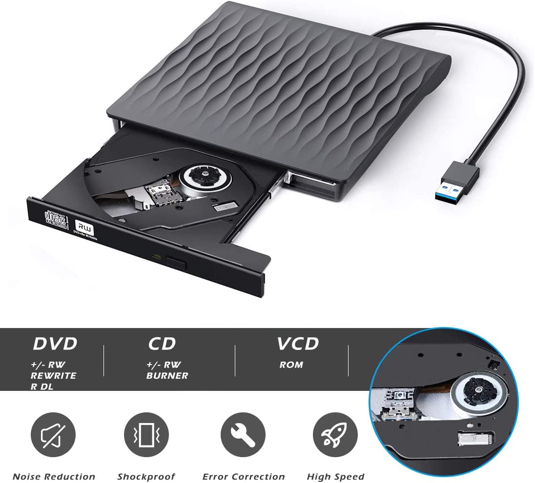 DANGZW External DVD Drive, Slim Portable External CD Reader Burner Writer USB 3.0 Type-C, RW CD-ROM Optical Driver for Laptop, PC, iMac, Macbook Air/Pro and Linux, Mac OS, Windows (Black)