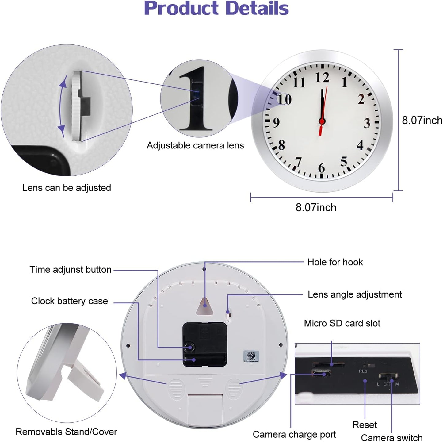 ساعة كاميرا خفية، كاميرا تجسس عالية الدقة 1080 بكسل، ساعة حائط، كاميرا خفية مع كشف الحركة لأمن المنزل/المكتب، كاميرا مربية مخفية، بدون وظيفة واي فاي