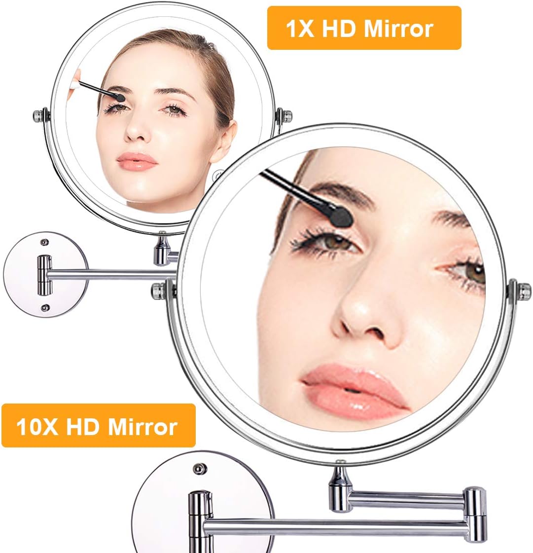 Amelar 8 Inch Wall Mounted Makeup Mirror USB Rechargeable LED 3 Color Lights Two Sided 1X/10X Magnifying Mirror Touch Switch Intelligent Shutdown 360° Swivel Vanity Mirror for Bathroom Hotel(Silver)