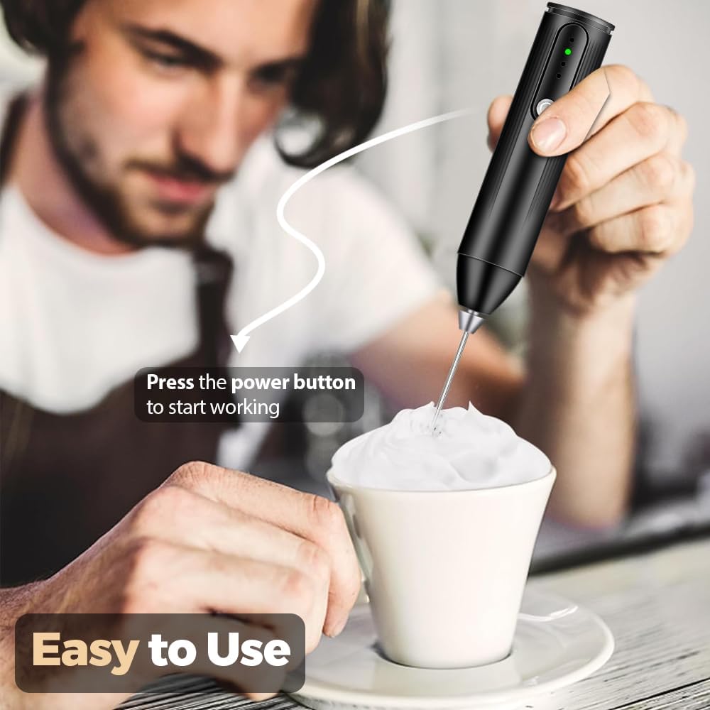 Electric Coffee Beater Stainless Steel USB Rechargeable Coffee Frother with Electric Handheld Milk Frother, 3 Adjustable Foam Settings for Eggs, Milk, Lattes, Coffee, Matcha, Cappuccinos, And Hot Chocolate