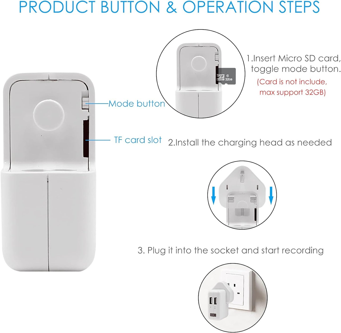 كاميرا تجسس بمحول قابس USB، شاحن حائط بدقة 1080 بكسل، كاميرا مخفية، مسجل فيديو صغير، كاميرا مراقبة، كاميرا مربية، كاميرا أمان منزلية