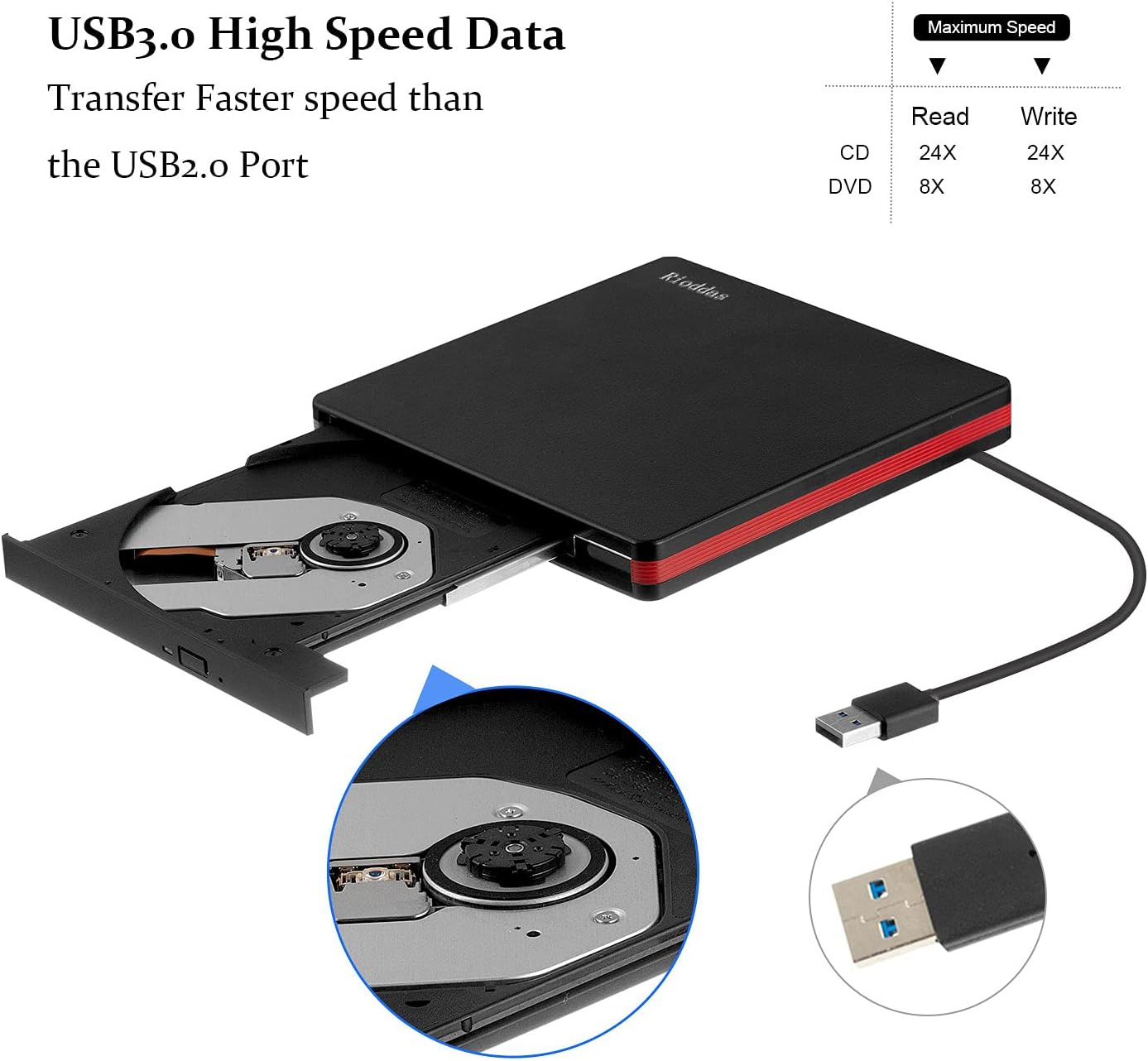 Rioddas External CD Drive, USB 3.0 Portable CD/DVD +/-RW Drive Slim DVD/CD ROM Rewriter Burner for Laptop Desktop PC Windows and Linux OS Apple Mac Macbook Pro