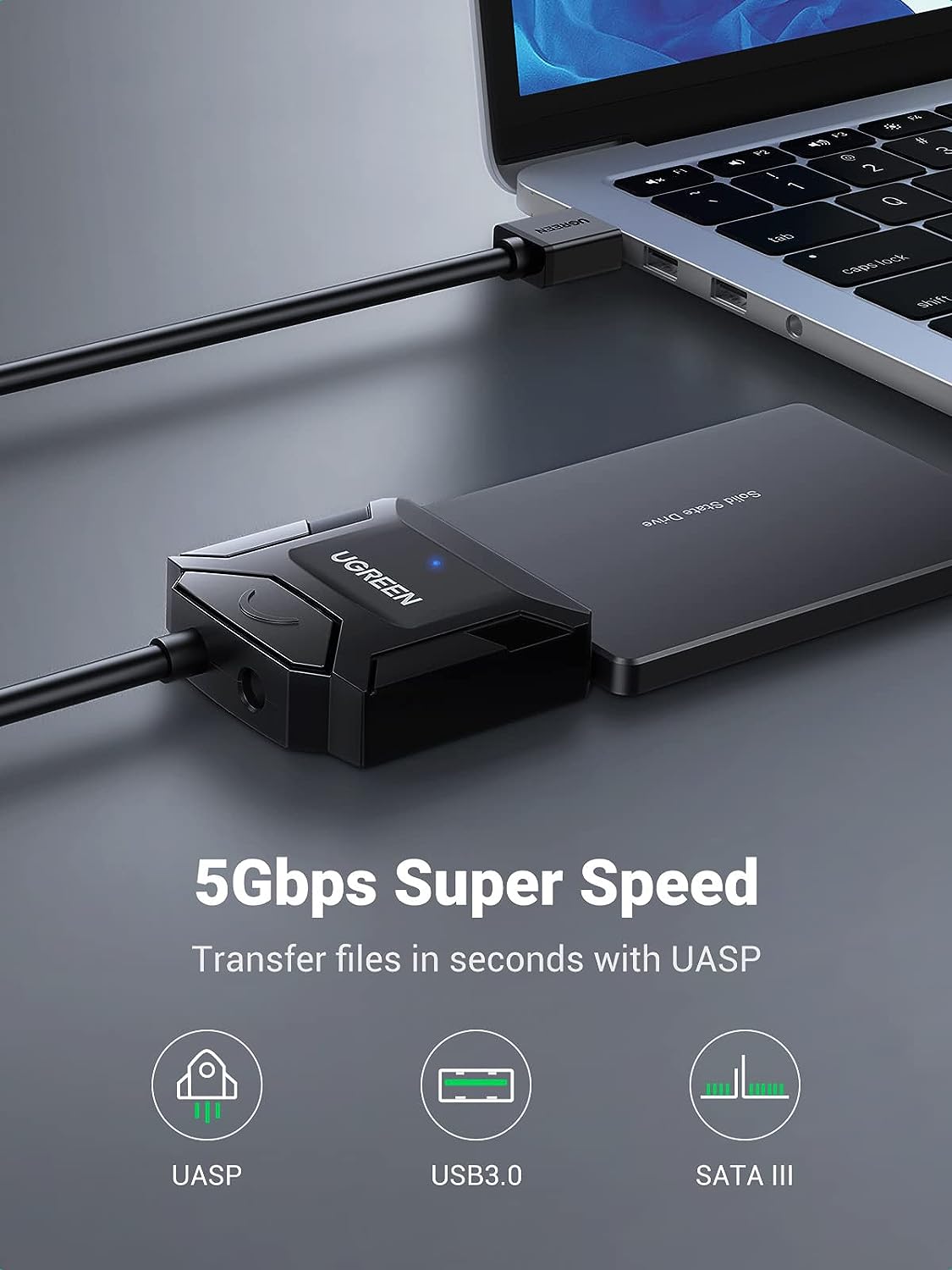 كابل محول UGREEN SATA إلى USB 3.0 لقارئ محركات الأقراص الصلبة SSD/HDD مقاس 3.5 بوصة/2.5 بوصة، يدعم محول محركات الأقراص الصلبة SATA III UASP، متوافق مع Samsung Seagate WD Hitachi مع محول طاقة 12 فولت