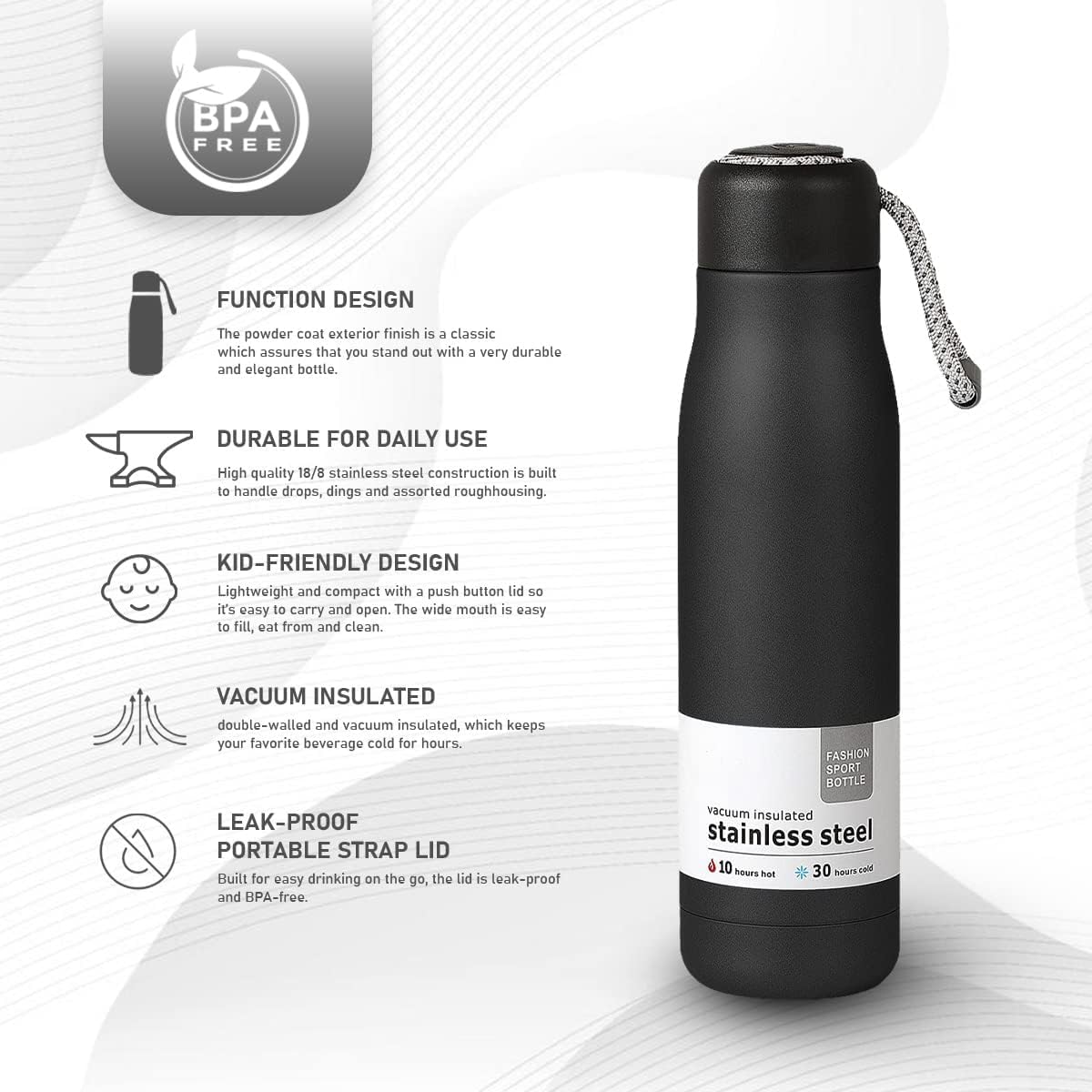 Water Bottle 550ml, Stainless Steel Vacuum Insulated Water Bottle, Thermal Flask for Hot & Cold Drinks, Double Wall and Leak proof Lid, BPA-Free
