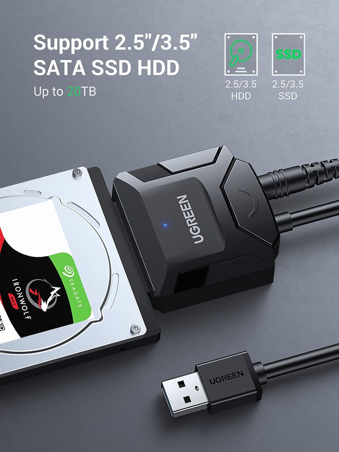 كابل محول UGREEN SATA إلى USB 3.0 لقارئ محركات الأقراص الصلبة SSD/HDD مقاس 3.5 بوصة/2.5 بوصة، يدعم محول محركات الأقراص الصلبة SATA III UASP، متوافق مع Samsung Seagate WD Hitachi مع محول طاقة 12 فولت