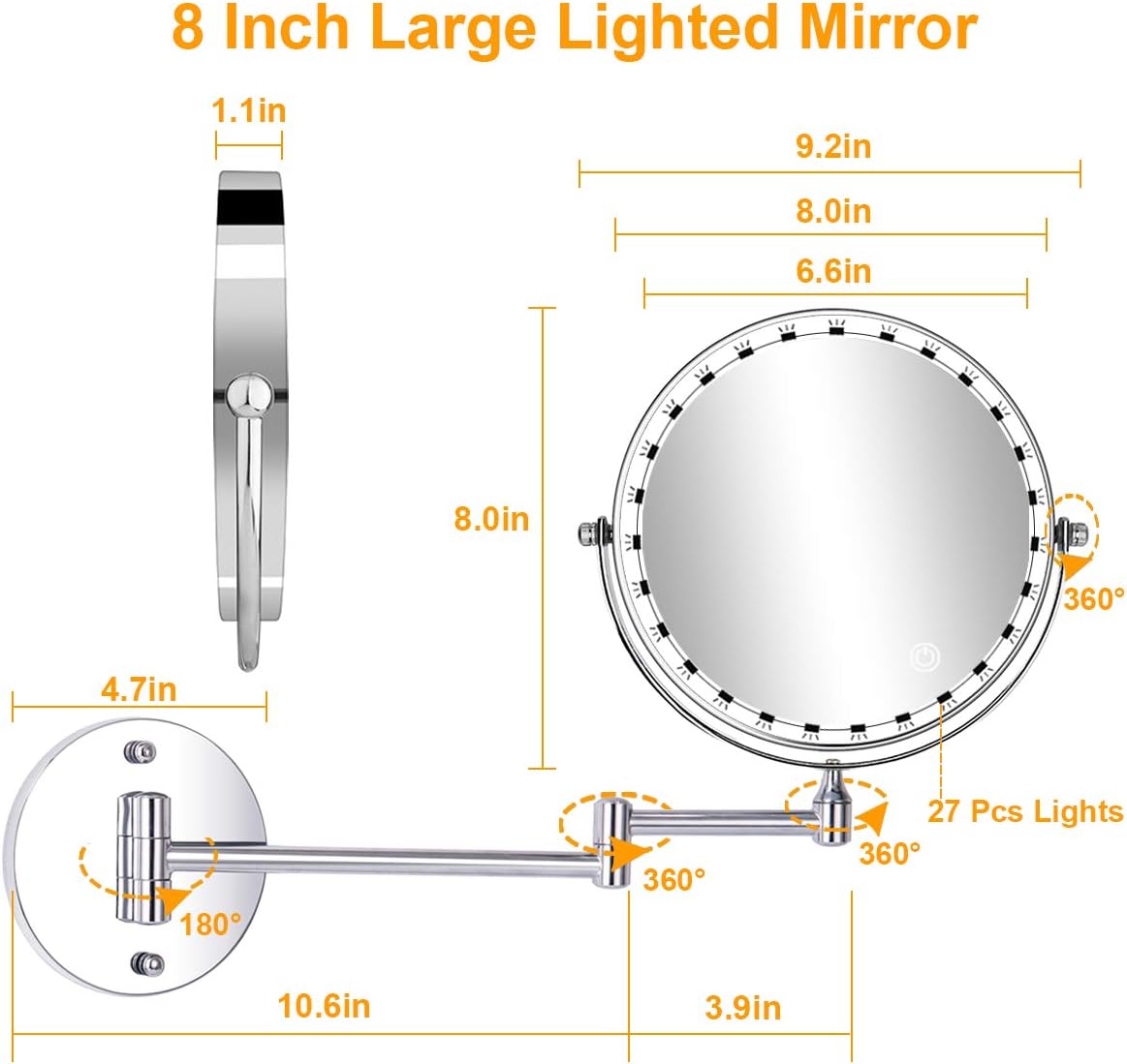 Amelar 8 Inch Wall Mounted Makeup Mirror USB Rechargeable LED 3 Color Lights Two Sided 1X/10X Magnifying Mirror Touch Switch Intelligent Shutdown 360° Swivel Vanity Mirror for Bathroom Hotel(Silver)