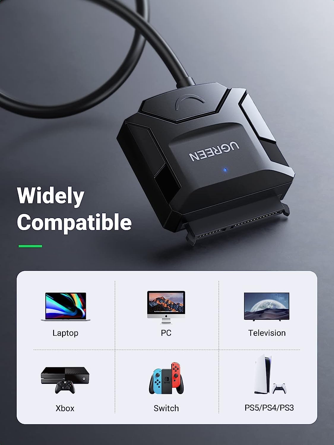 كابل محول UGREEN SATA إلى USB 3.0 لقارئ محركات الأقراص الصلبة SSD/HDD مقاس 3.5 بوصة/2.5 بوصة، يدعم محول محركات الأقراص الصلبة SATA III UASP، متوافق مع Samsung Seagate WD Hitachi مع محول طاقة 12 فولت