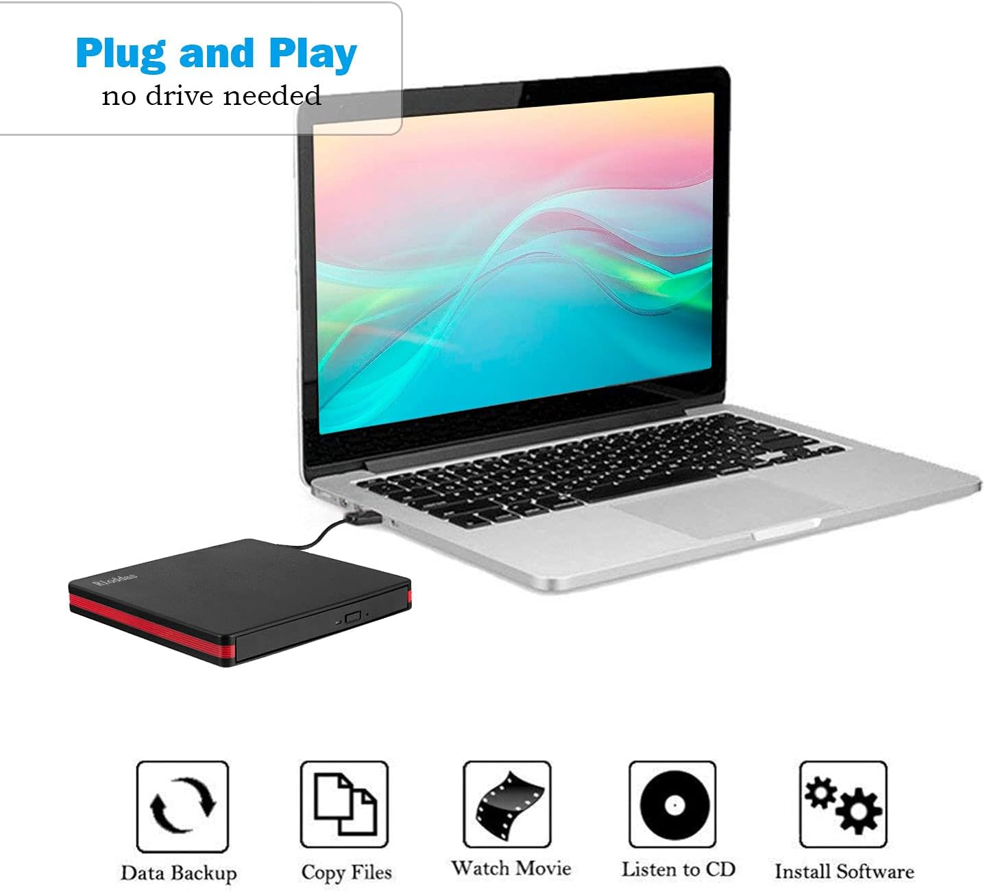 Rioddas External CD Drive, USB 3.0 Portable CD/DVD +/-RW Drive Slim DVD/CD ROM Rewriter Burner for Laptop Desktop PC Windows and Linux OS Apple Mac Macbook Pro