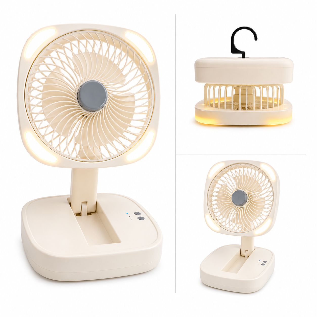 Portable Desk Fan, USB Rechargeable Quiet Fan Oscillating Table Fan with 4 LED Light, Air Circulator Personal Foldable Cooling Fan with 3 Speeds for Home Office Bedroom