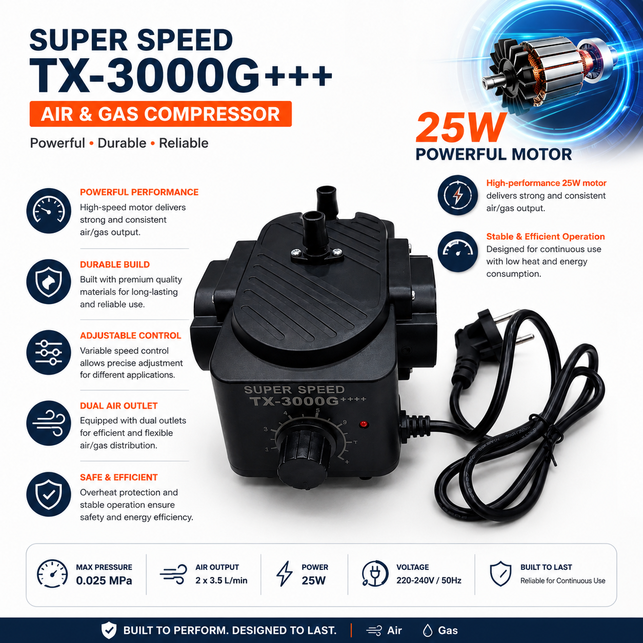 High Flow 220V Super Speed TX-3000G Mini Sui Gas Pump | High-Pressure Air Pump for Home Use