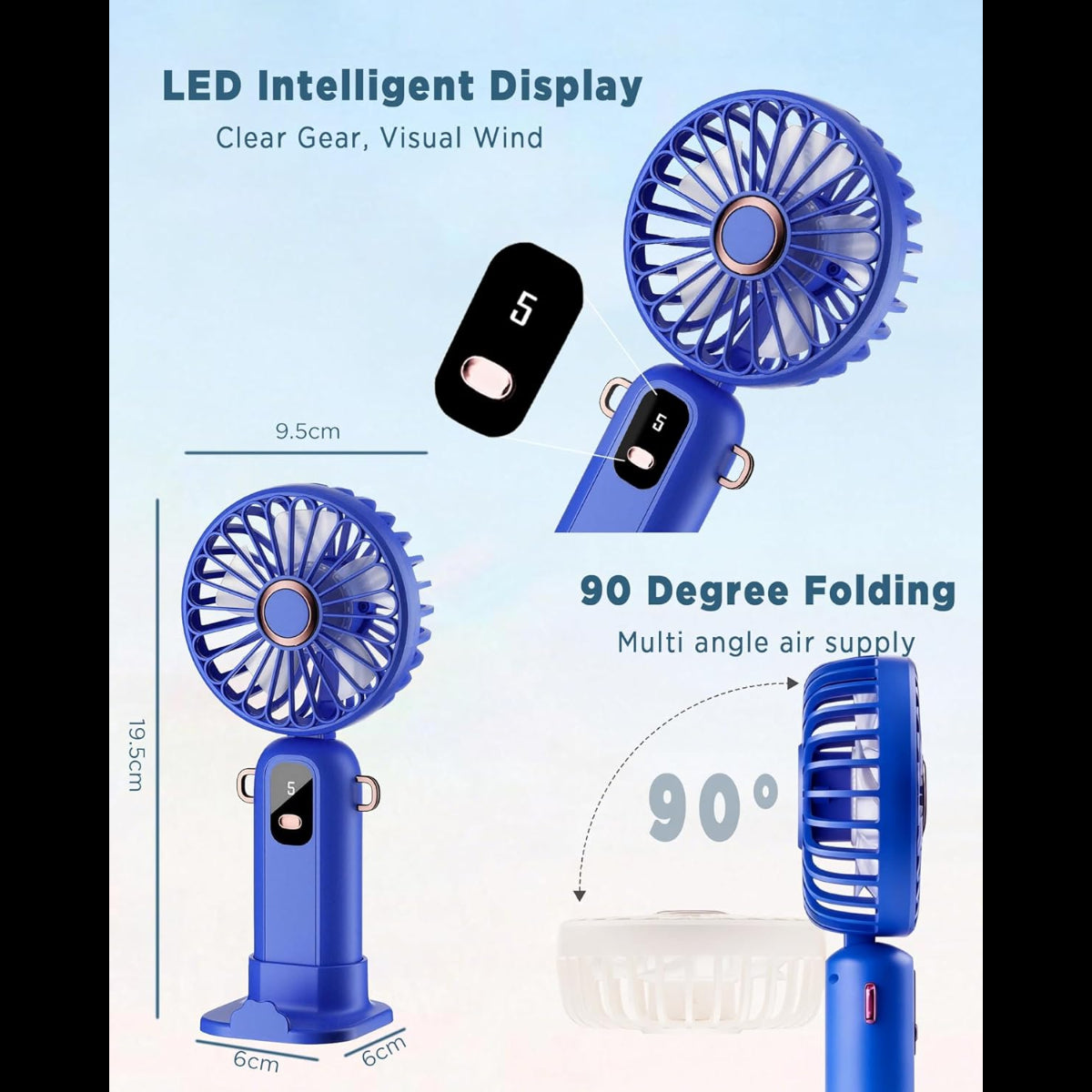 Handheld Fan, Mini Portable Fan USB Rechargeable, Small Pocket Fan 5 Speeds with Lanyard and Base, Built-in 1200mAh Battery USB Desk Fan Foldable for Office, Outdoor, Home, School