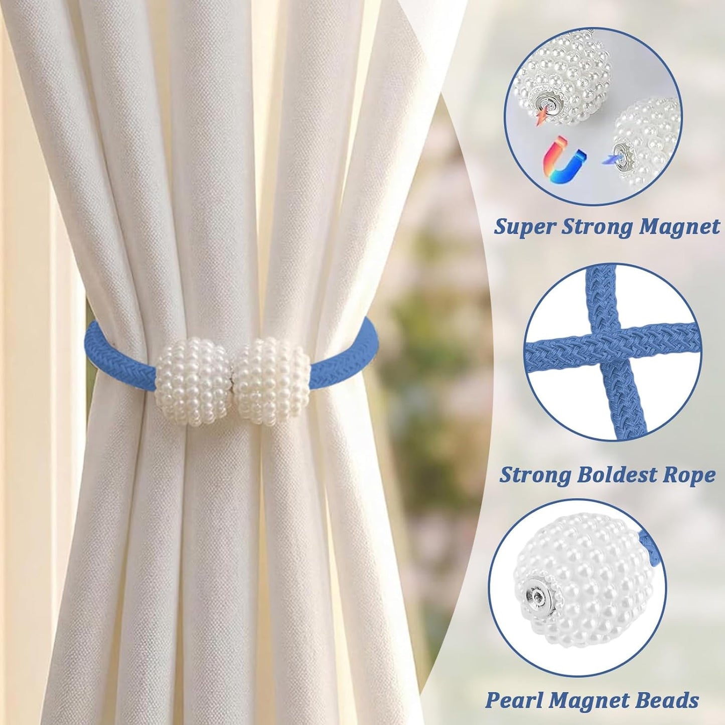 2PCS Magnetic Curtain Tiebacks, Curtain Tiebacks Buckles Holdbacks Holders Hooks Clip for Home Bedroom Office Decorative, Turquoise
